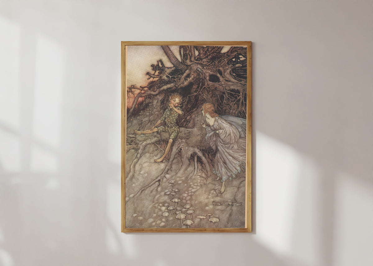 Framed art print of I Am That Merry Wanderer of the Night by Arthur Rackham, in a light wood frame on a sunlit white wall