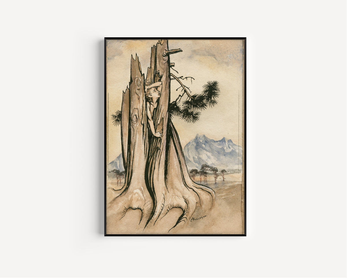 Framed art print of Imprisoned Ariel by Arthur Rackham, in a slim black frame on a plain white wall
