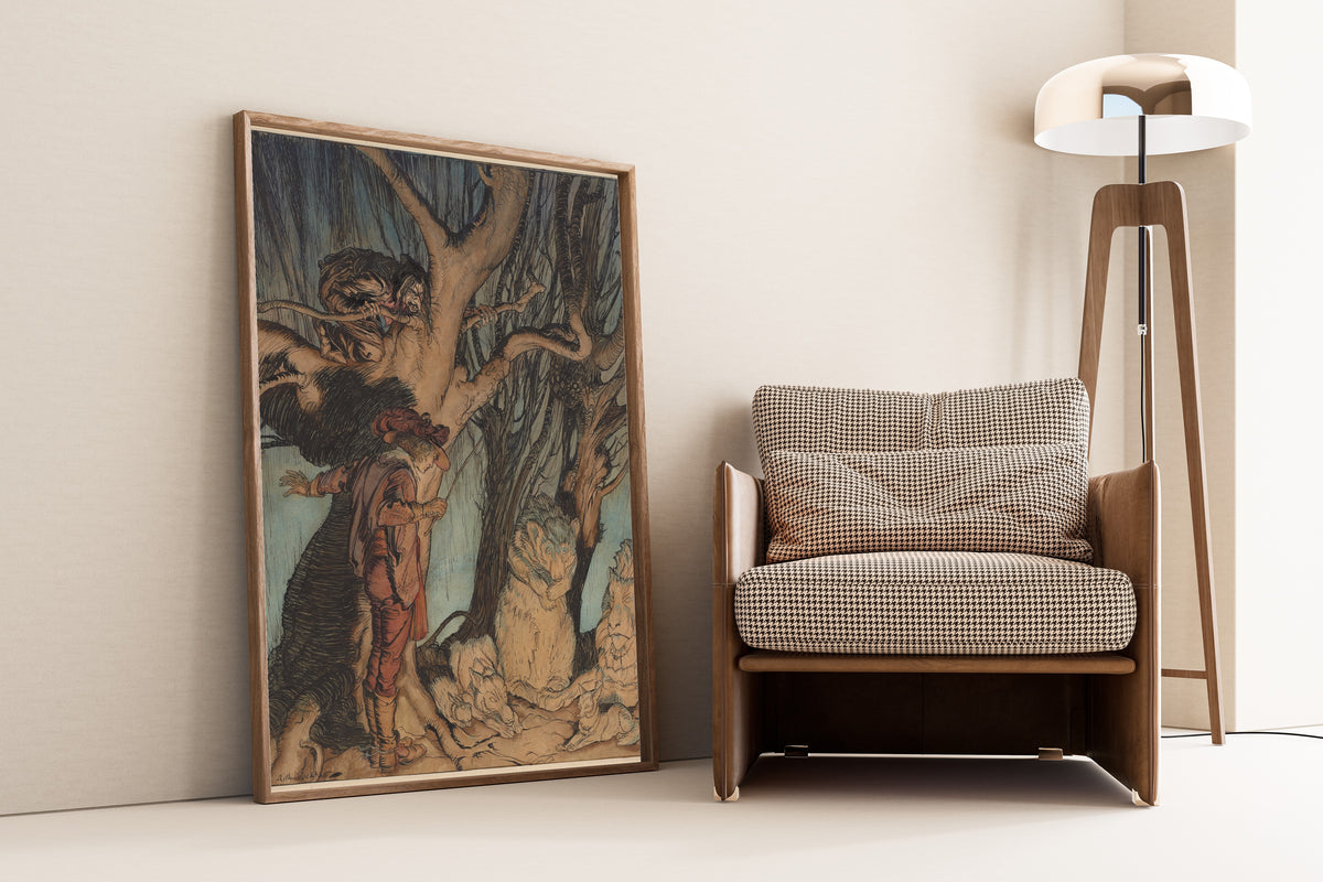 Framed art print of Instantly They Lay Still, All Turned into Stone by Arthur Rackham, leaning against a wall beside an armchair and a floor lamp