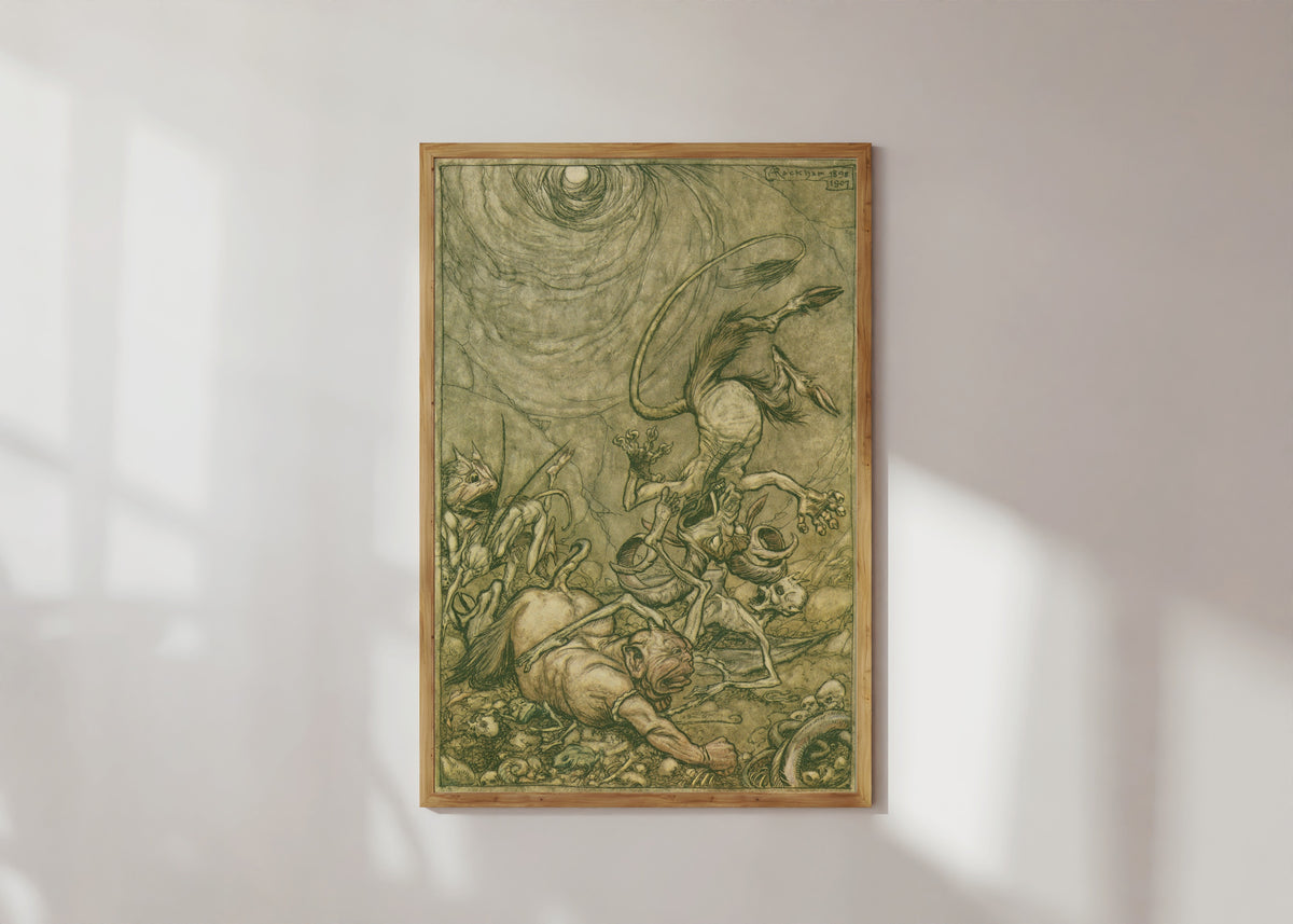 Framed art print of Into the Bottomless Pit He Fell Slap by Arthur Rackham, in a light wood frame on a sunlit white wall