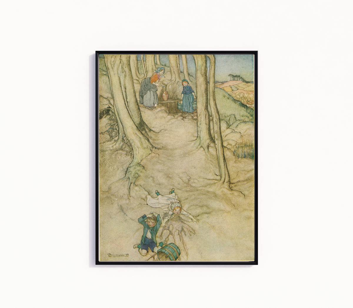 Framed art print of Jack and Jill by Arthur Rackham, in a slim black frame on a plain white wall