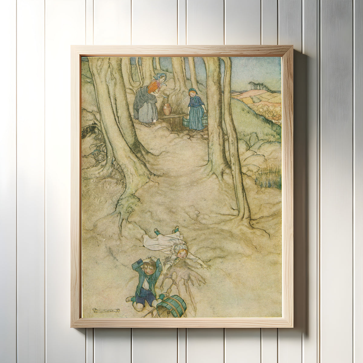Framed art print of Jack and Jill by Arthur Rackham, in a light wood frame on a white panelled wall