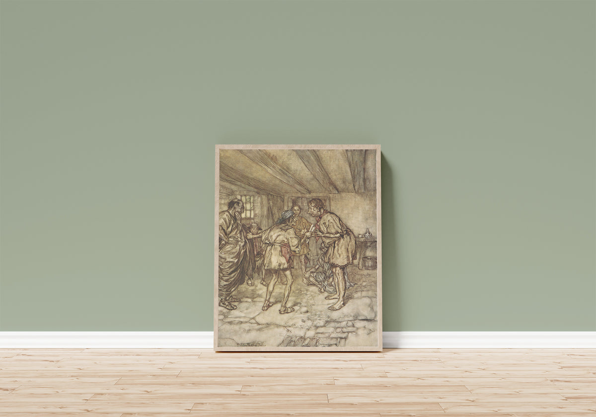 Framed art print of Let Me Play the Lion Too by Arthur Rackham, in a light wood frame leaning on a sage green wall above a wooden floor