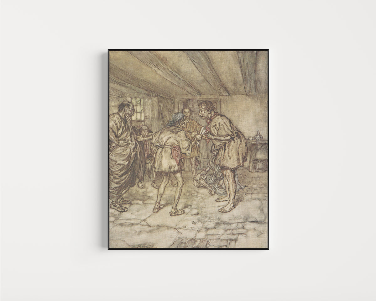 Framed art print of Let Me Play the Lion Too by Arthur Rackham, in a slim black frame on a plain white wall
