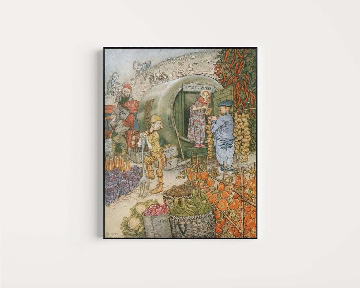 Framed art print of Mr. and Mrs. Vinegar at Home by Arthur Rackham, in a slim black frame on a plain white wall