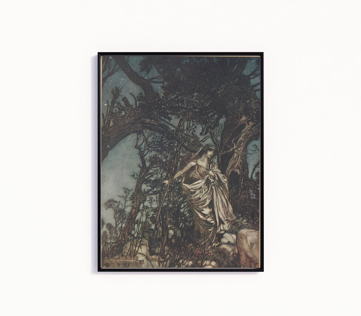 Framed art print of Never So Weary, Never So in Woe by Arthur Rackham, in a slim black frame on a plain white wall