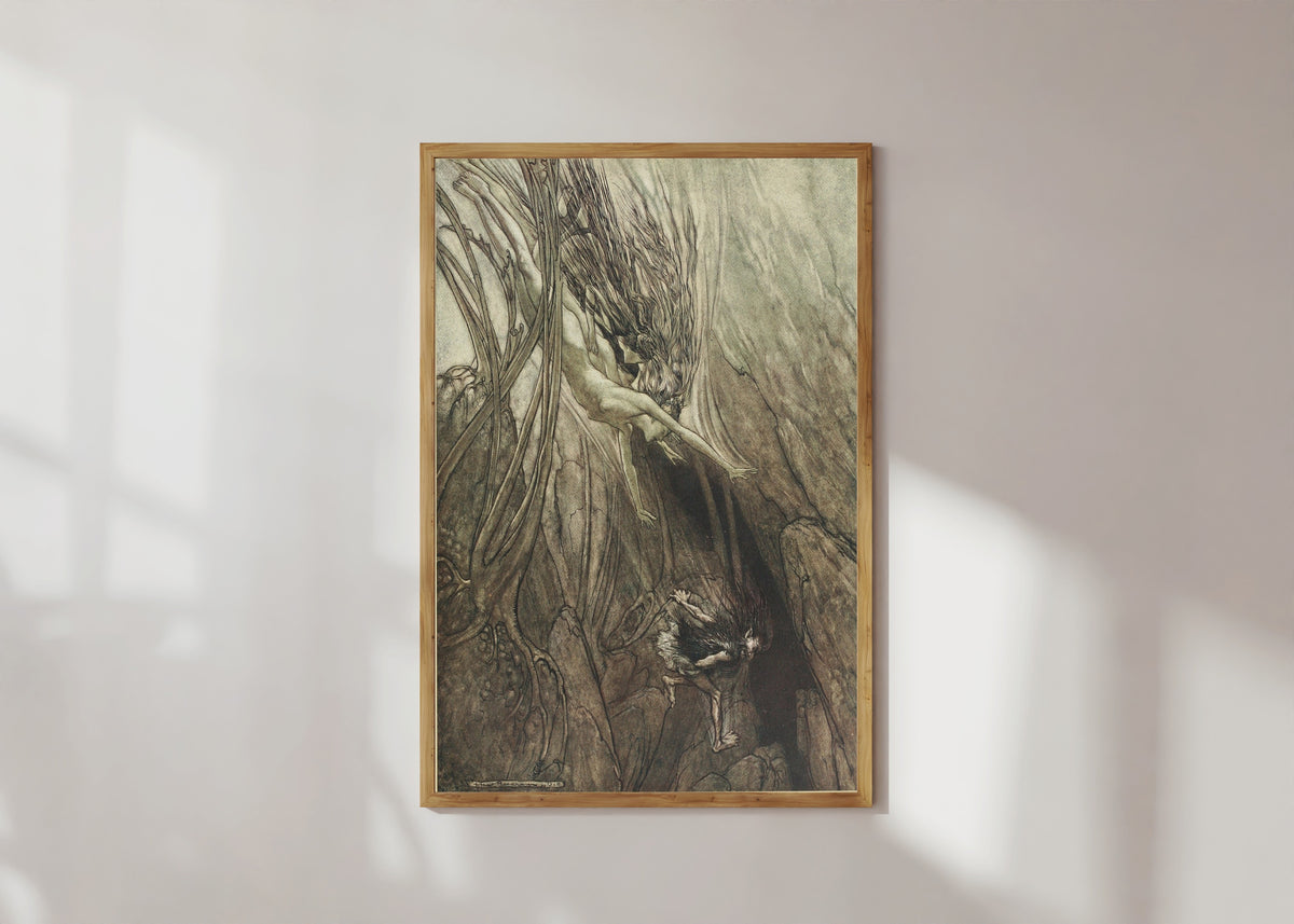 Framed art print of Seize the Despoiler! Rescue the Gold! by Arthur Rackham, in a light wood frame on a sunlit white wall