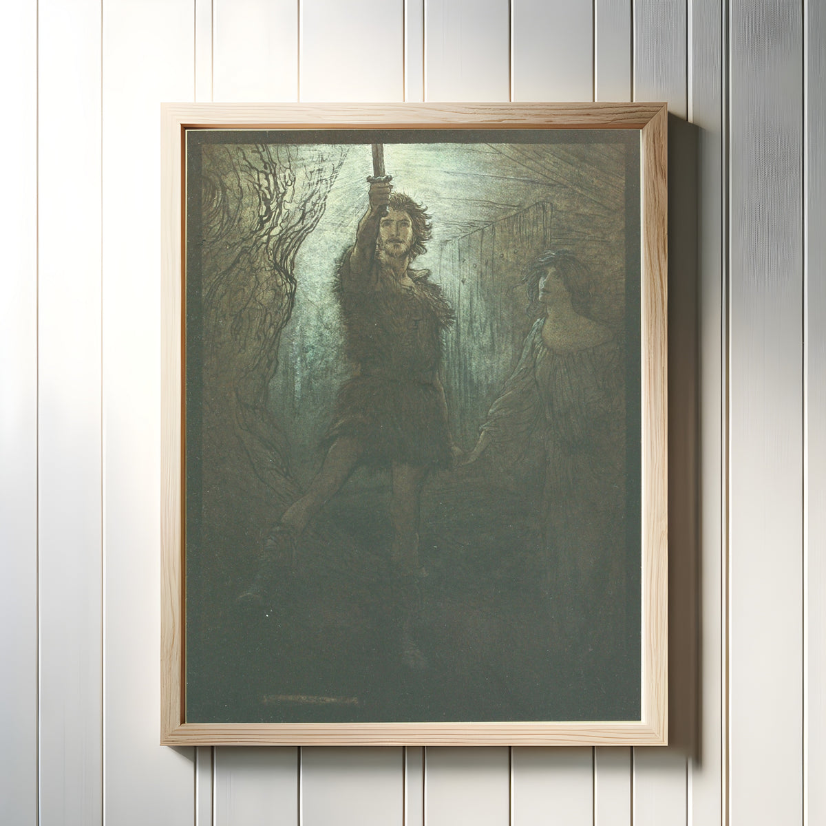 Framed art print of Siegmund the Wälsung Thou Dost See! As Bride-Gift He Brings Thee This… by Arthur Rackham, in a light wood frame on a white panelled wall