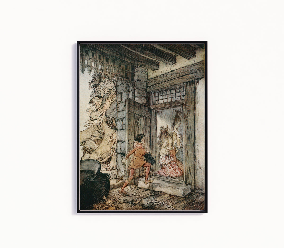 Framed art print of Taking the Keys of the Castle, Jack Unlocked All the Doors by Arthur Rackham, in a slim black frame on a plain white wall