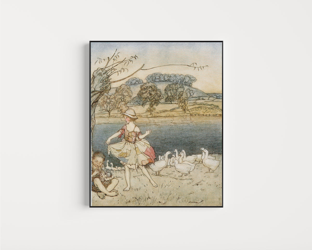 Framed art print of Tattercoats Dancing While the Gooseherd Pipes by Arthur Rackham, in a slim black frame on a plain white wall