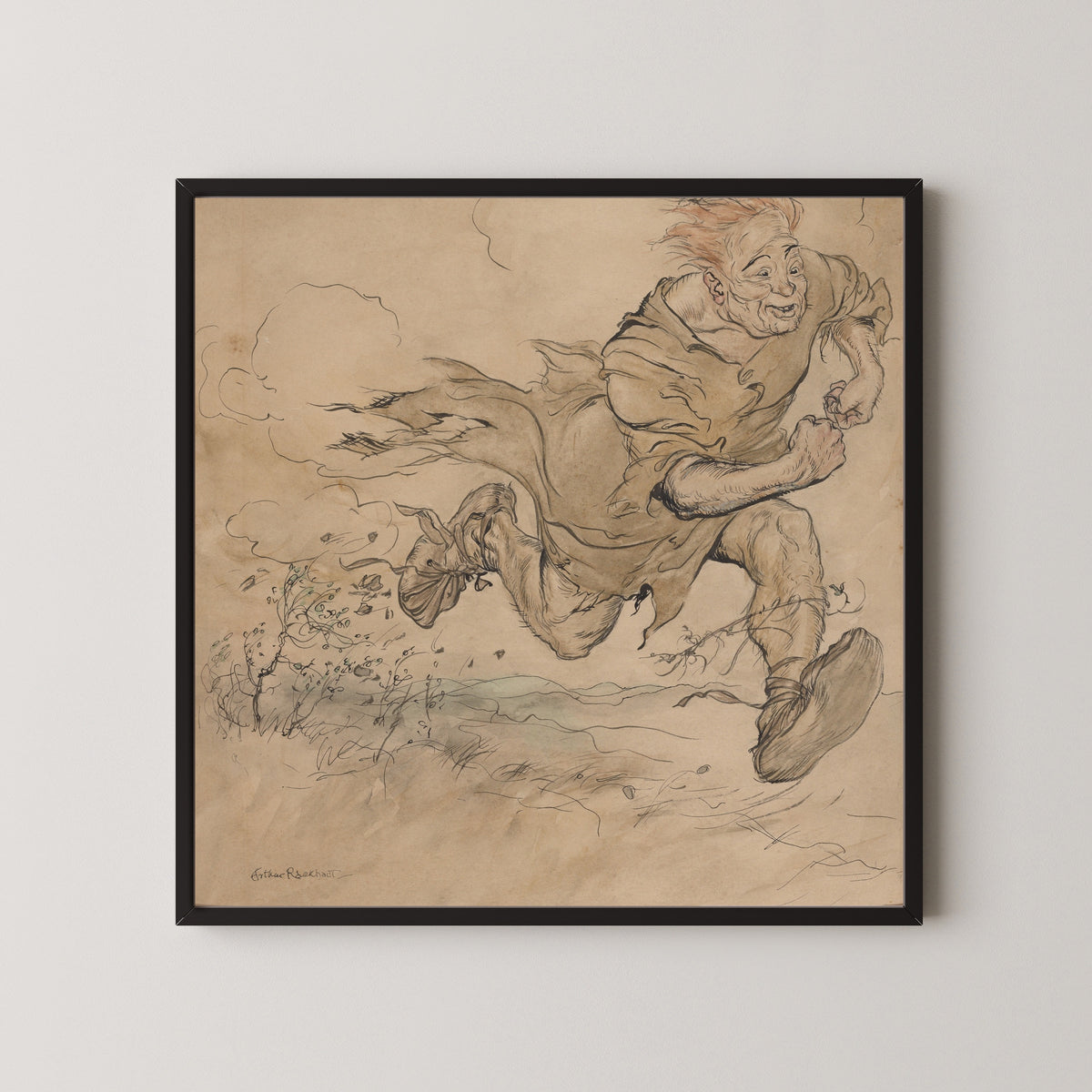Framed art print of The Carl of the Drab Coat by Arthur Rackham, in a black frame on a pale wall