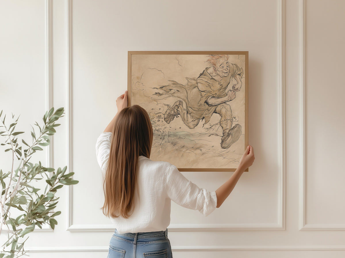Framed art print of The Carl of the Drab Coat by Arthur Rackham, hung on a panelled wall