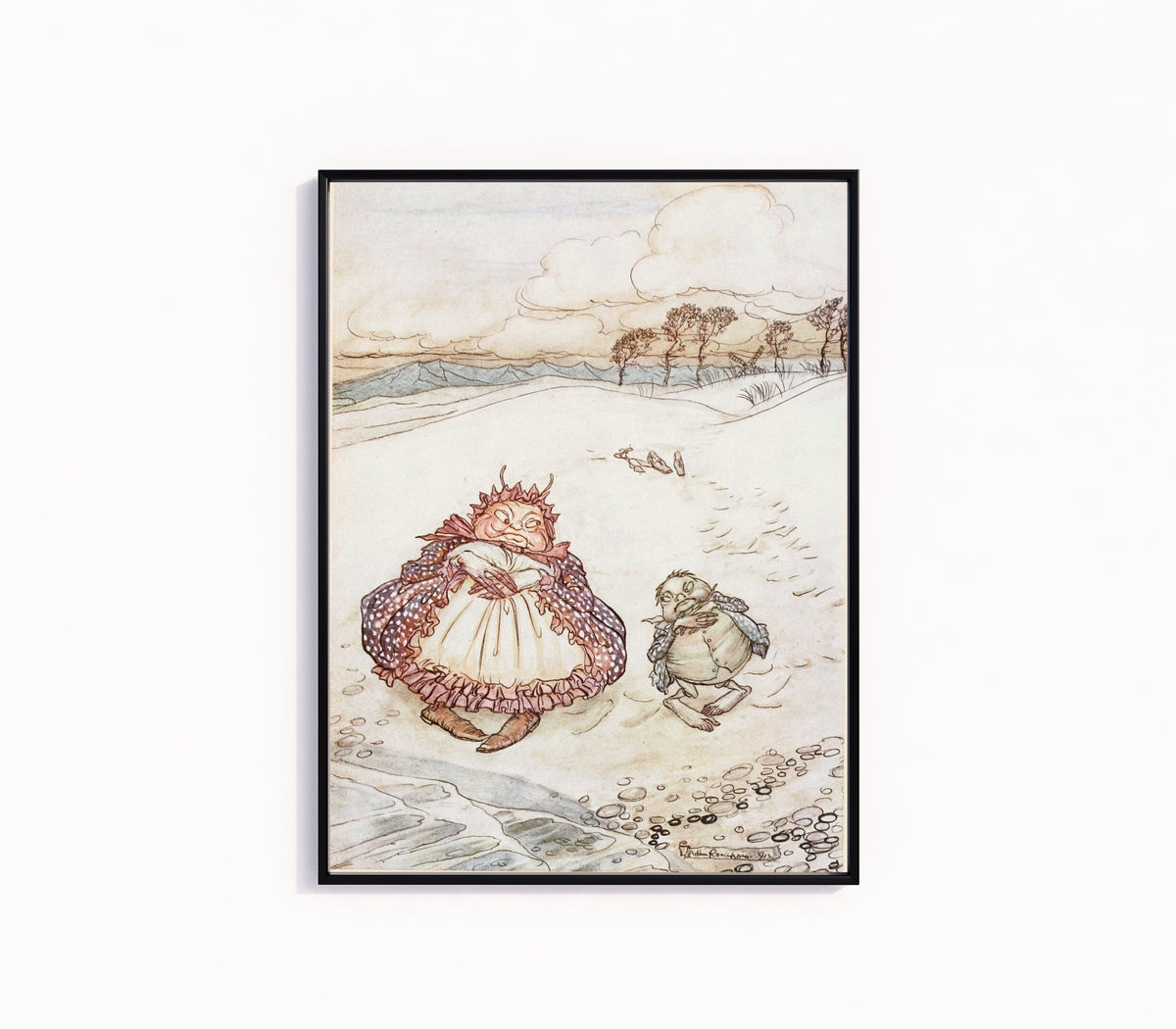 Framed art print of The Crab and His Mother by Arthur Rackham, in a slim black frame on a plain white wall