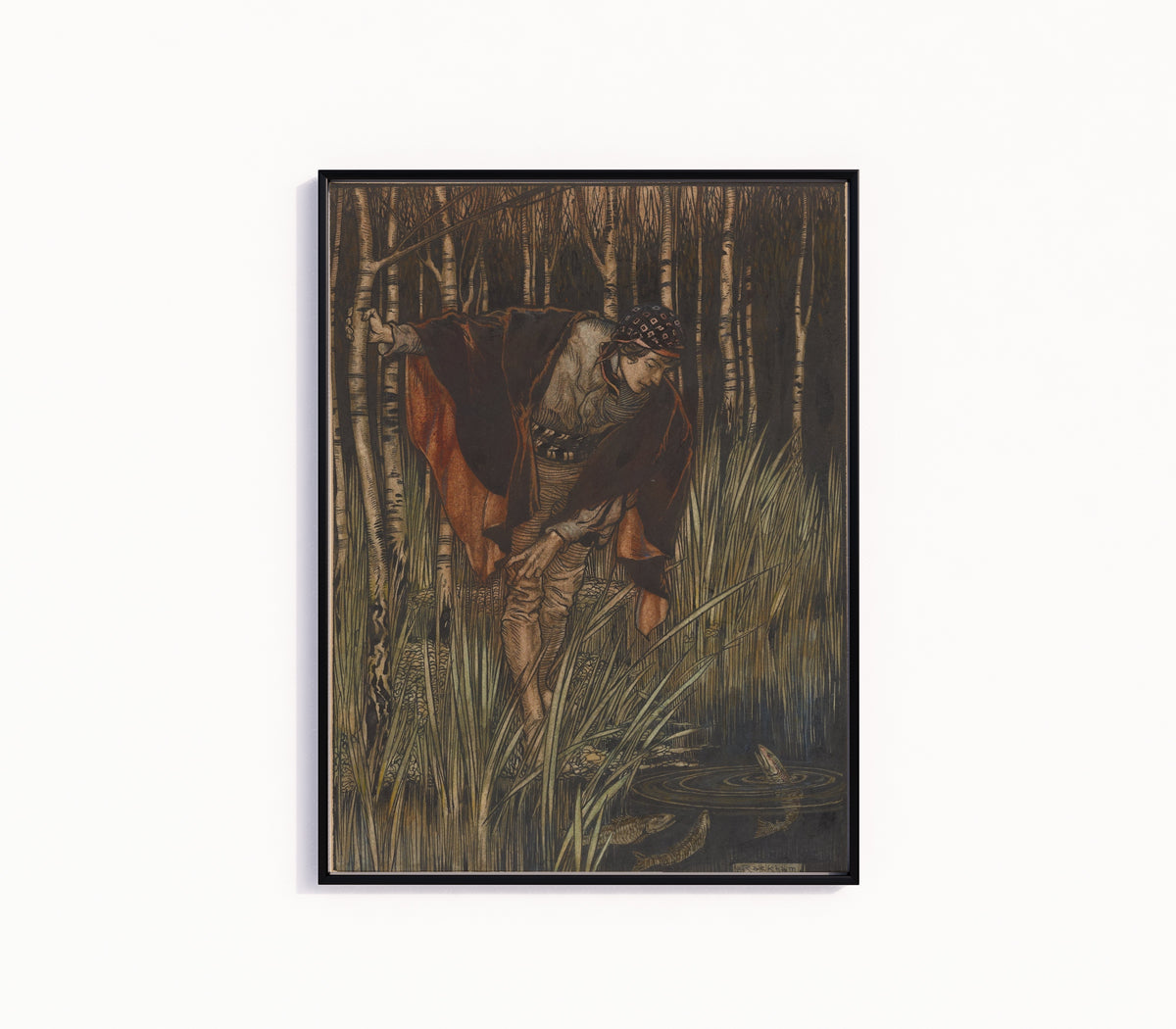 Framed art print of The Fishes, in Their Joy, Stretched Up Their Heads by Arthur Rackham, in a slim black frame on a plain white wall