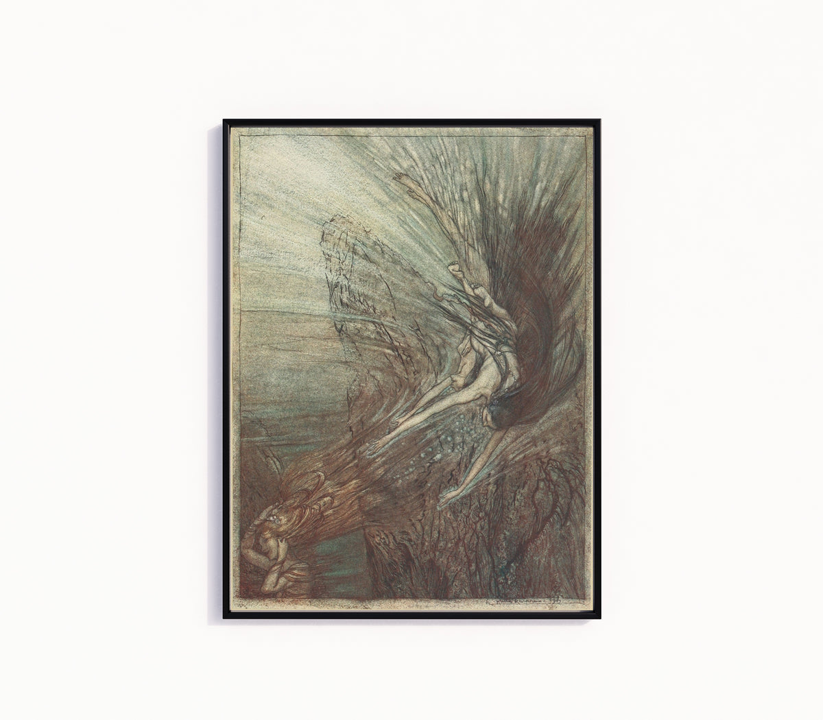 Framed art print of The Frolic of the Rhine-Maidens by Arthur Rackham, in a slim black frame on a plain white wall