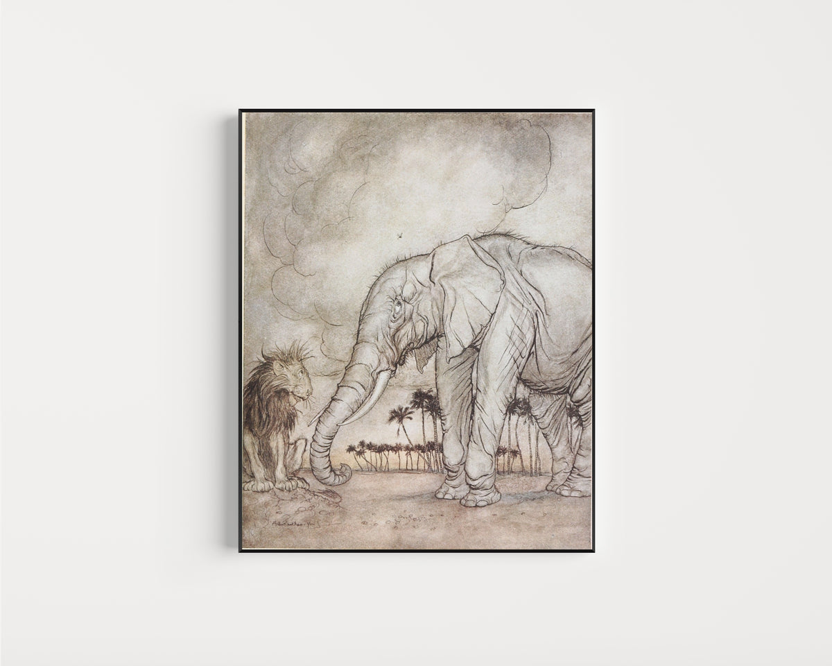 Framed art print of The Lion, Jupiter, and the Elephant by Arthur Rackham, in a slim black frame on a plain white wall