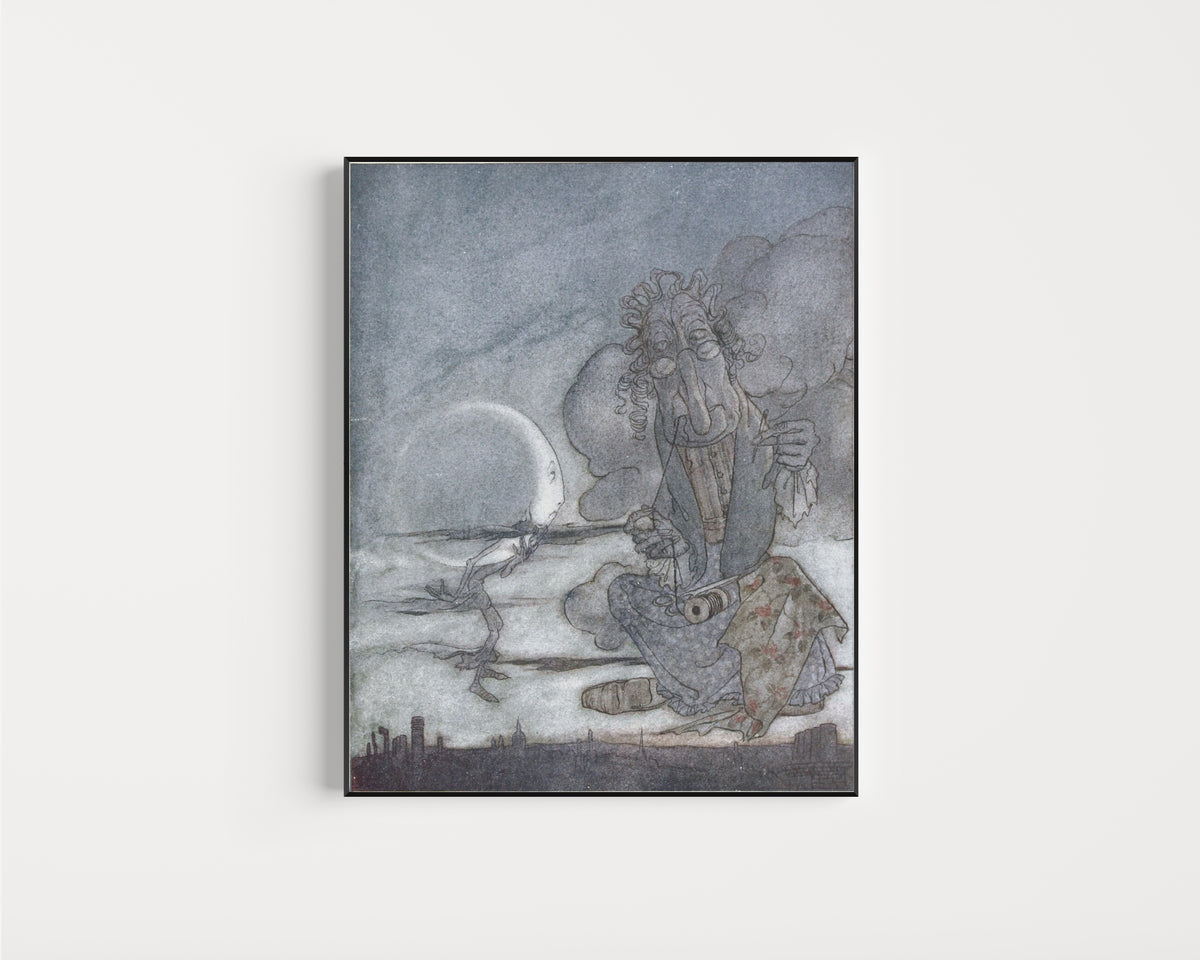 Framed art print of The Moon and Her Mother by Arthur Rackham, in a slim black frame on a plain white wall