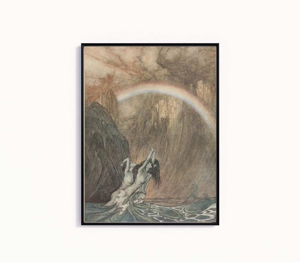 Framed art print of The Rhine's Fair Children, Bewailing Their Lost Gold, Weep by Arthur Rackham, in a slim black frame on a plain white wall
