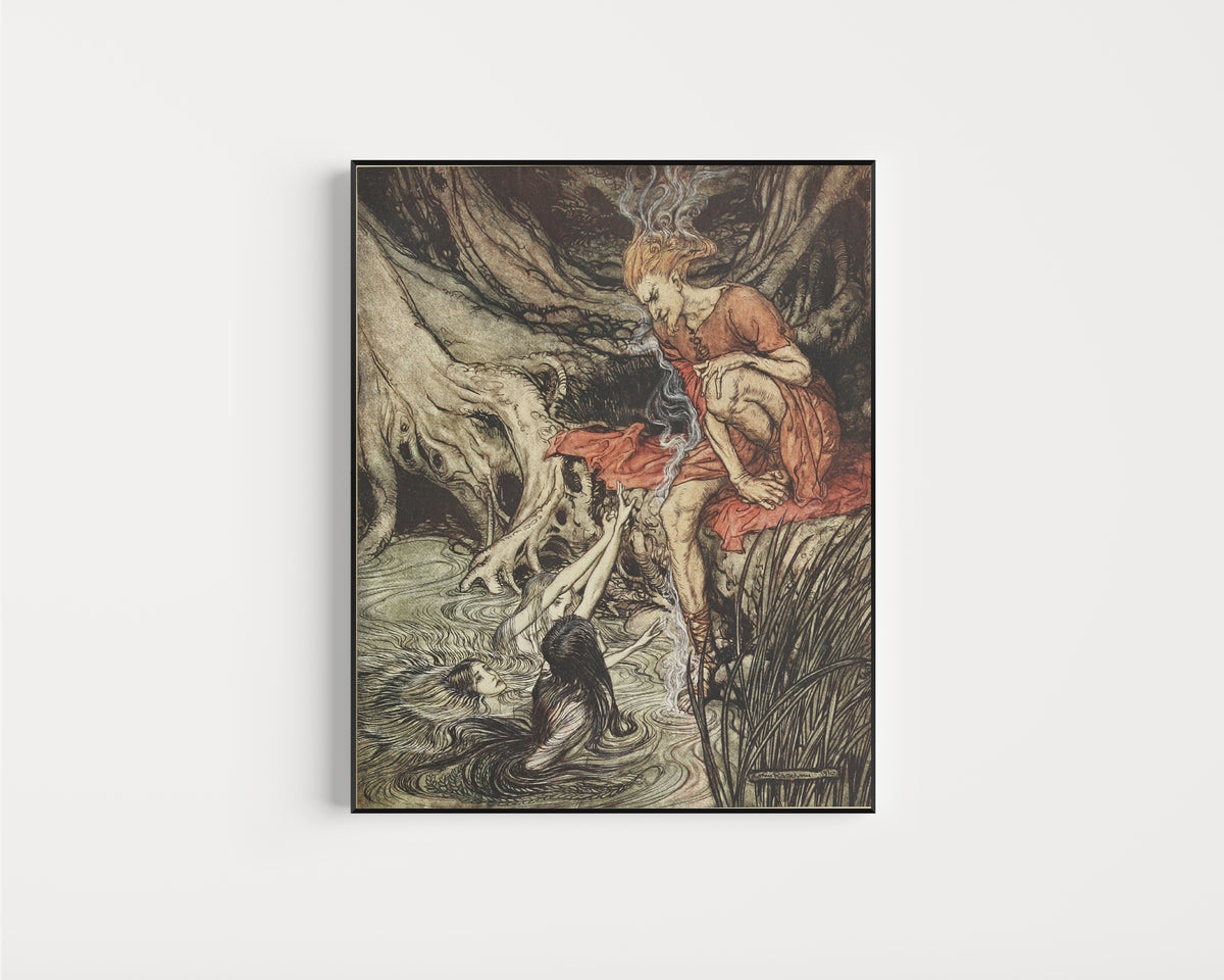Framed art print of The Rhine's Pure-Gleaming Children Told Me of Their Sorrow by Arthur Rackham, in a slim black frame on a plain white wall