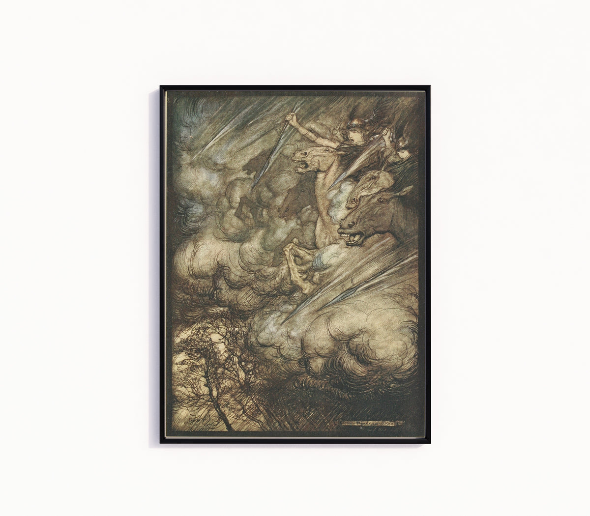 Framed art print of The Ride of the Valkyries by Arthur Rackham, in a slim black frame on a plain white wall
