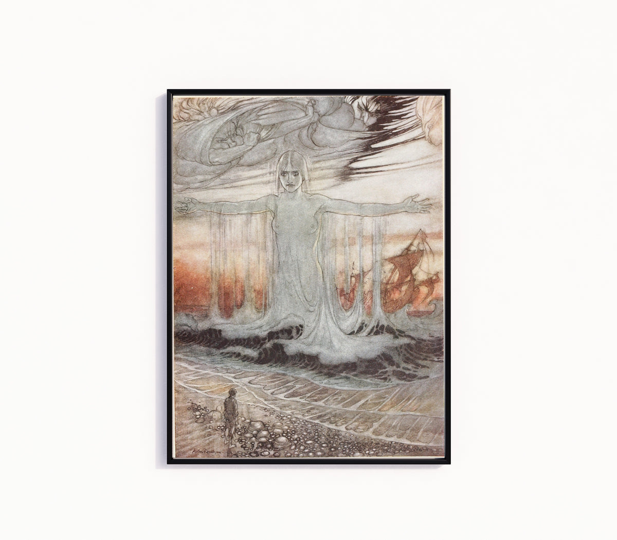 Framed art print of The Shipwrecked Man and the Sea by Arthur Rackham, in a slim black frame on a plain white wall