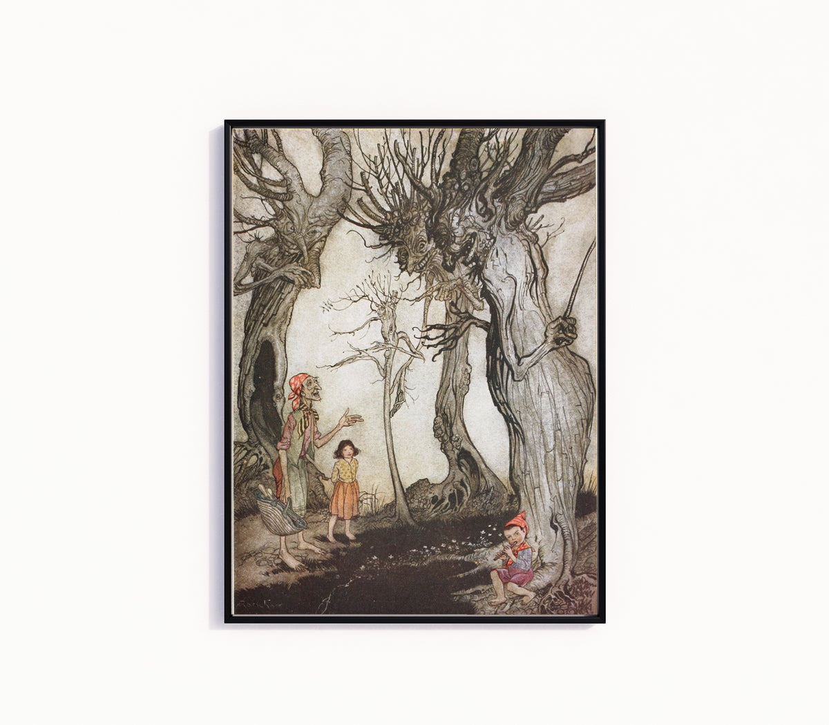 Framed art print of The Trees and the Axe by Arthur Rackham, in a slim black frame on a plain white wall