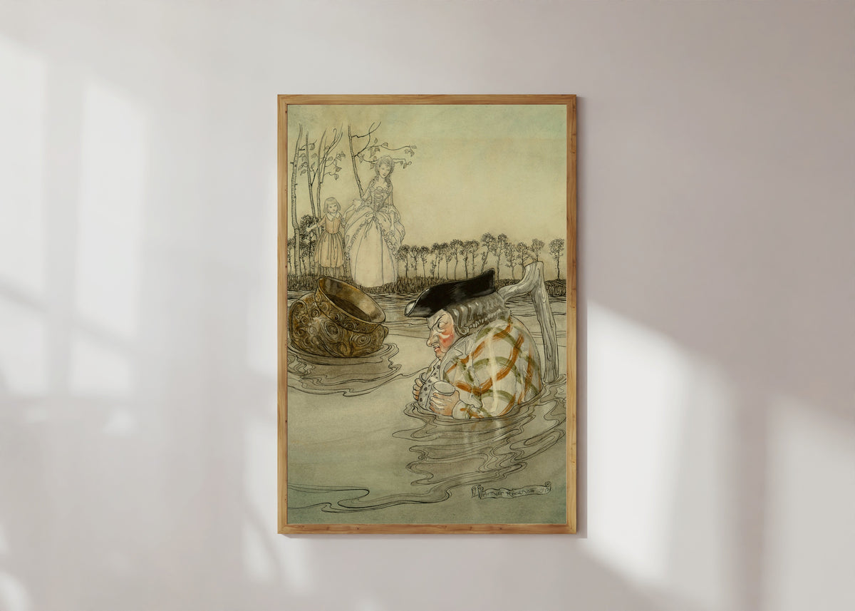 Framed art print of The Two Pots by Arthur Rackham, in a light wood frame on a sunlit white wall