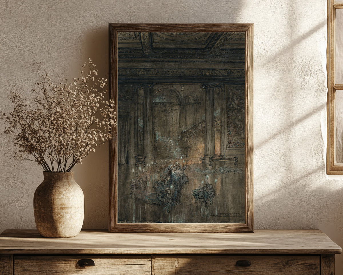Framed art print of Through the House Give Glimmering Light by Arthur Rackham, in a dark wood frame leaning on a rustic console beside dried flowers