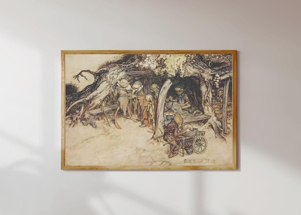 Framed art print of To Make My Small Elves Coats by Arthur Rackham, in a light wood frame on a sunlit white wall