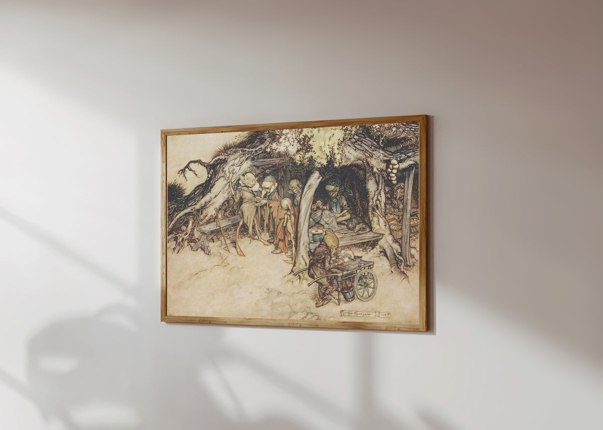 Framed art print of To Make My Small Elves Coats by Arthur Rackham, in a light wood frame on a sunlit white wall, seen at a slight angle