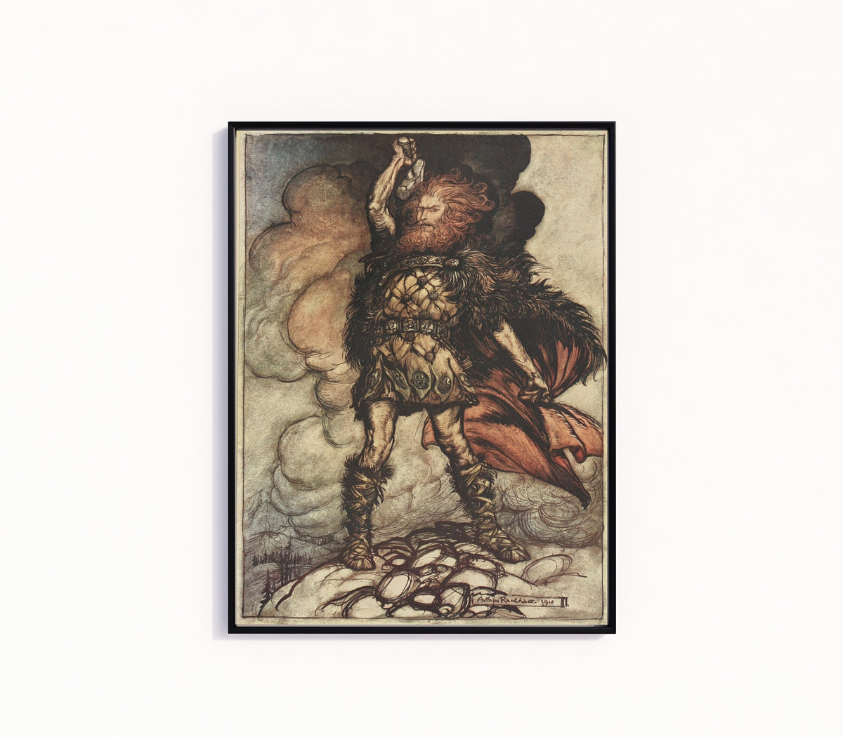 Framed art print of To My Hammer's Swing Hitherward Sweep Vapours and Fogs by Arthur Rackham, in a slim black frame on a plain white wall