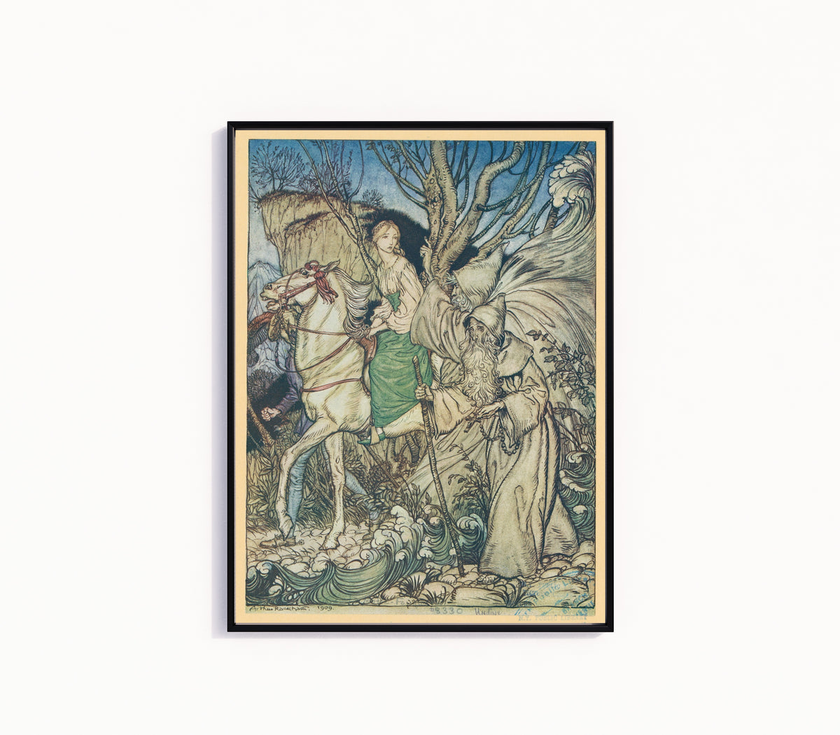 Framed art print of Undine by Arthur Rackham, in a slim black frame on a plain white wall