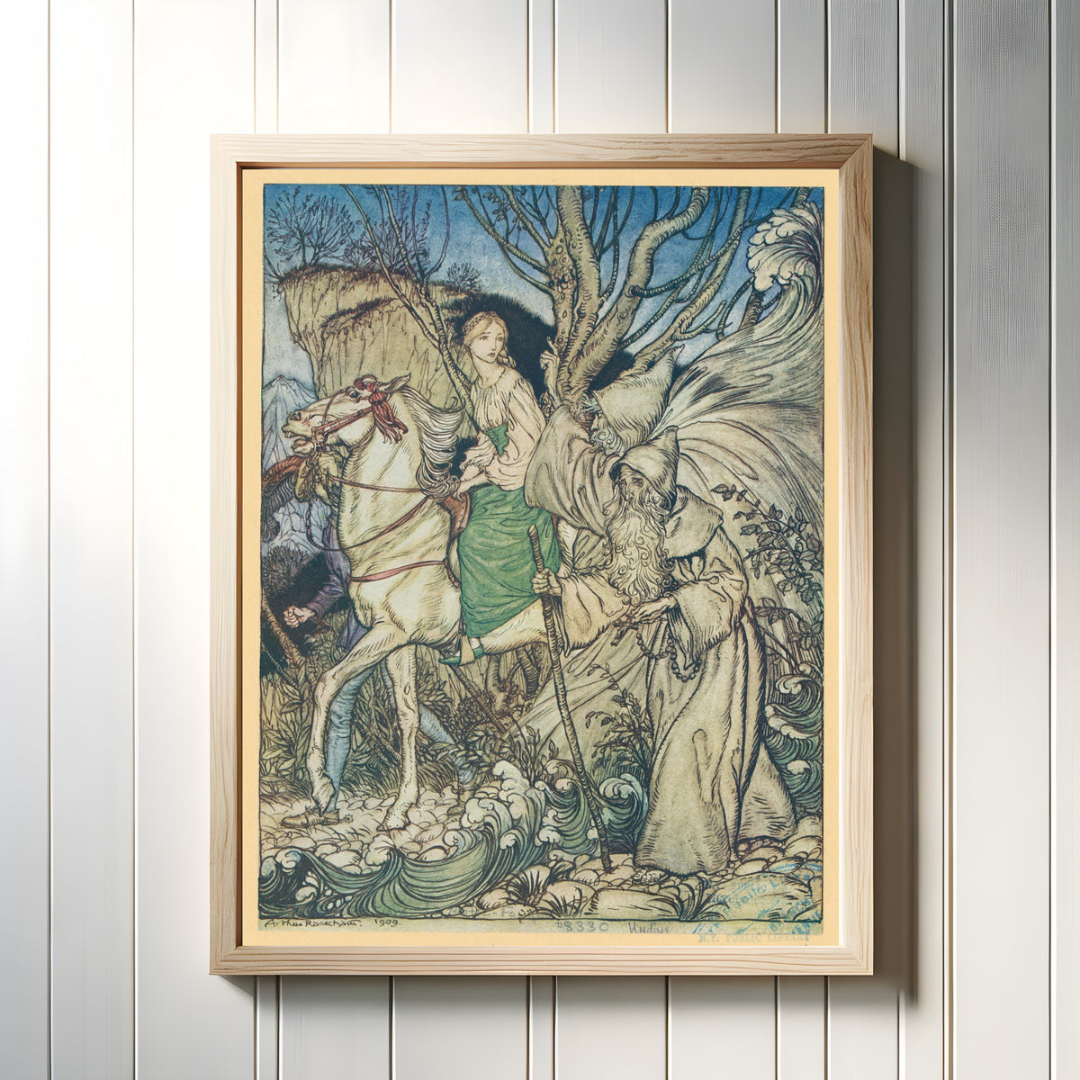 Framed art print of Undine by Arthur Rackham, in a light wood frame on a white panelled wall