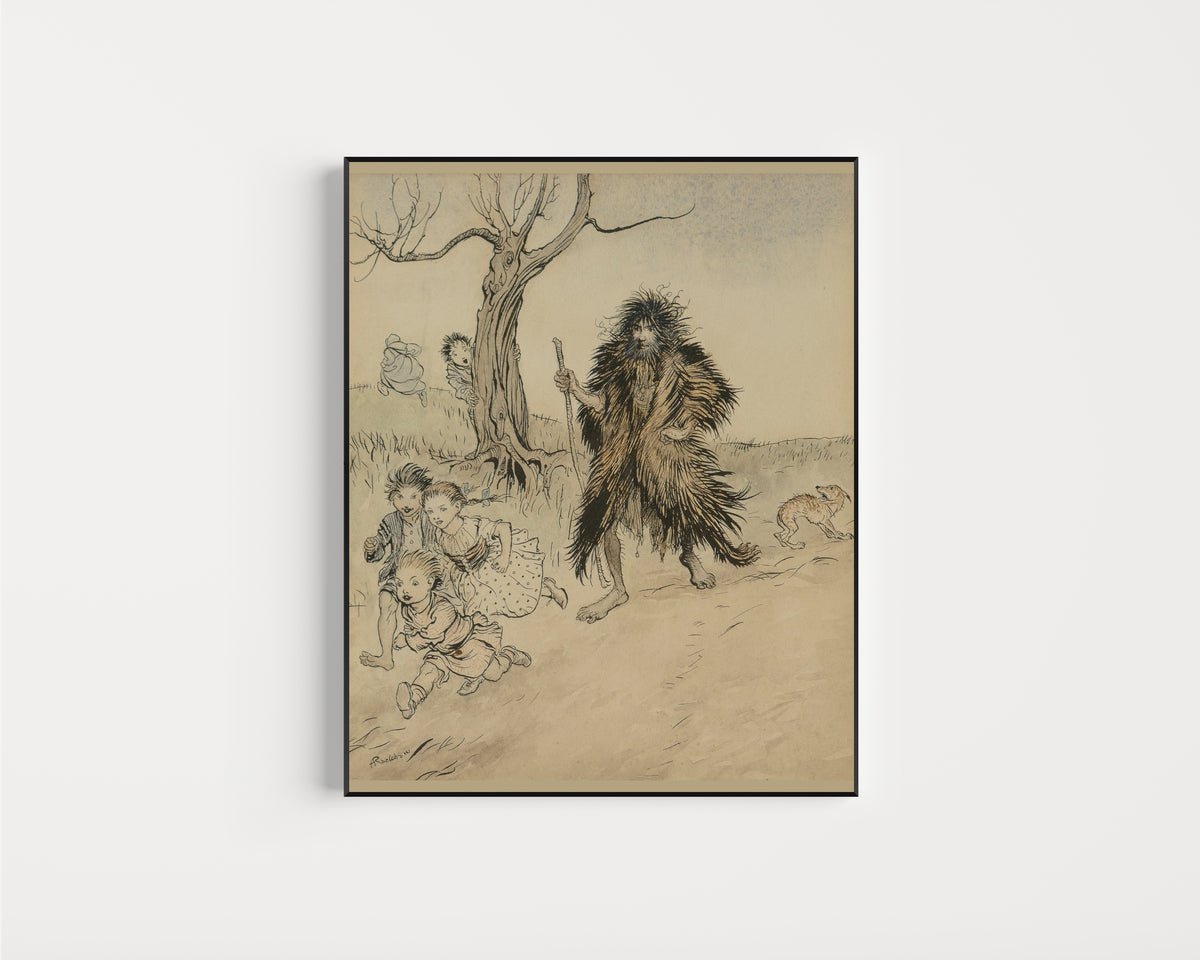 Framed art print of Whoever Saw Him, Ran Away by Arthur Rackham, in a slim black frame on a plain white wall