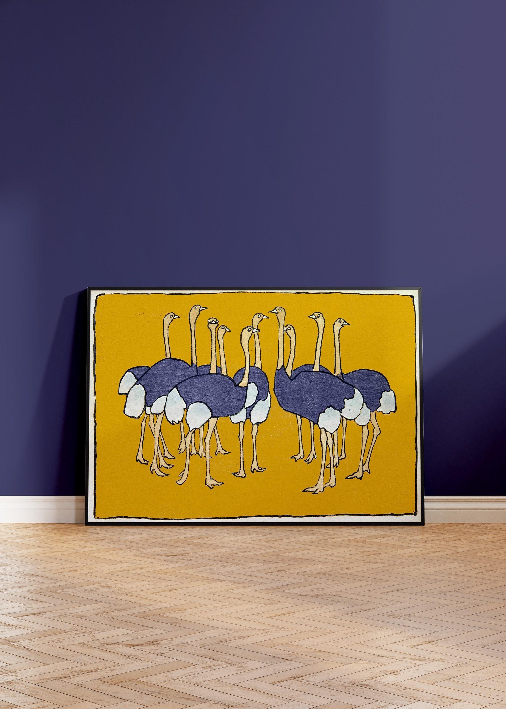 Asai Ch≈´ - Ostriches | PRINT | From Mokugo zuansh≈´ Pl.21 (1908) Vintage Japanese Art in Yellow