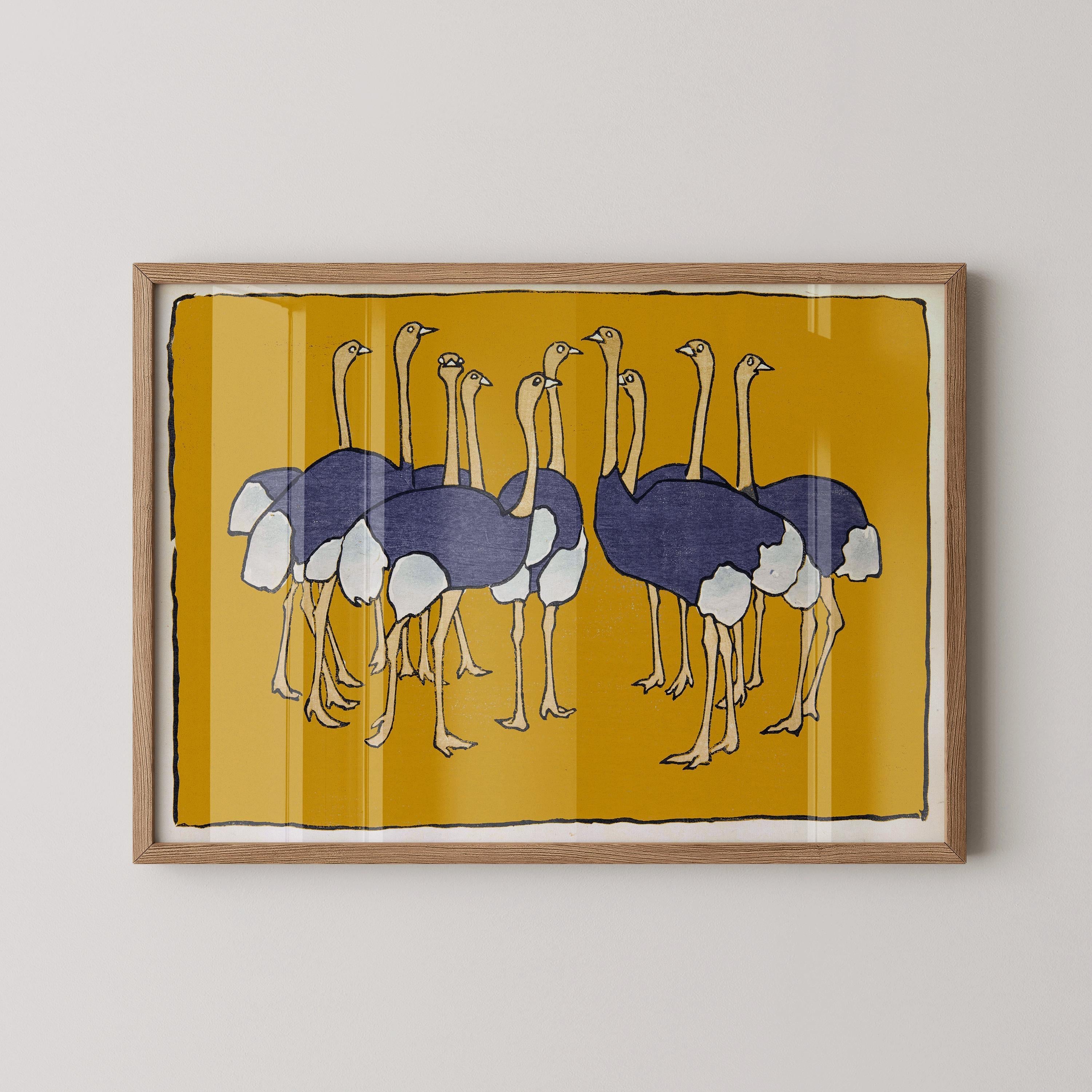 Asai Ch≈´ - Ostriches | PRINT | From Mokugo zuansh≈´ Pl.21 (1908) Vintage Japanese Art in Yellow
