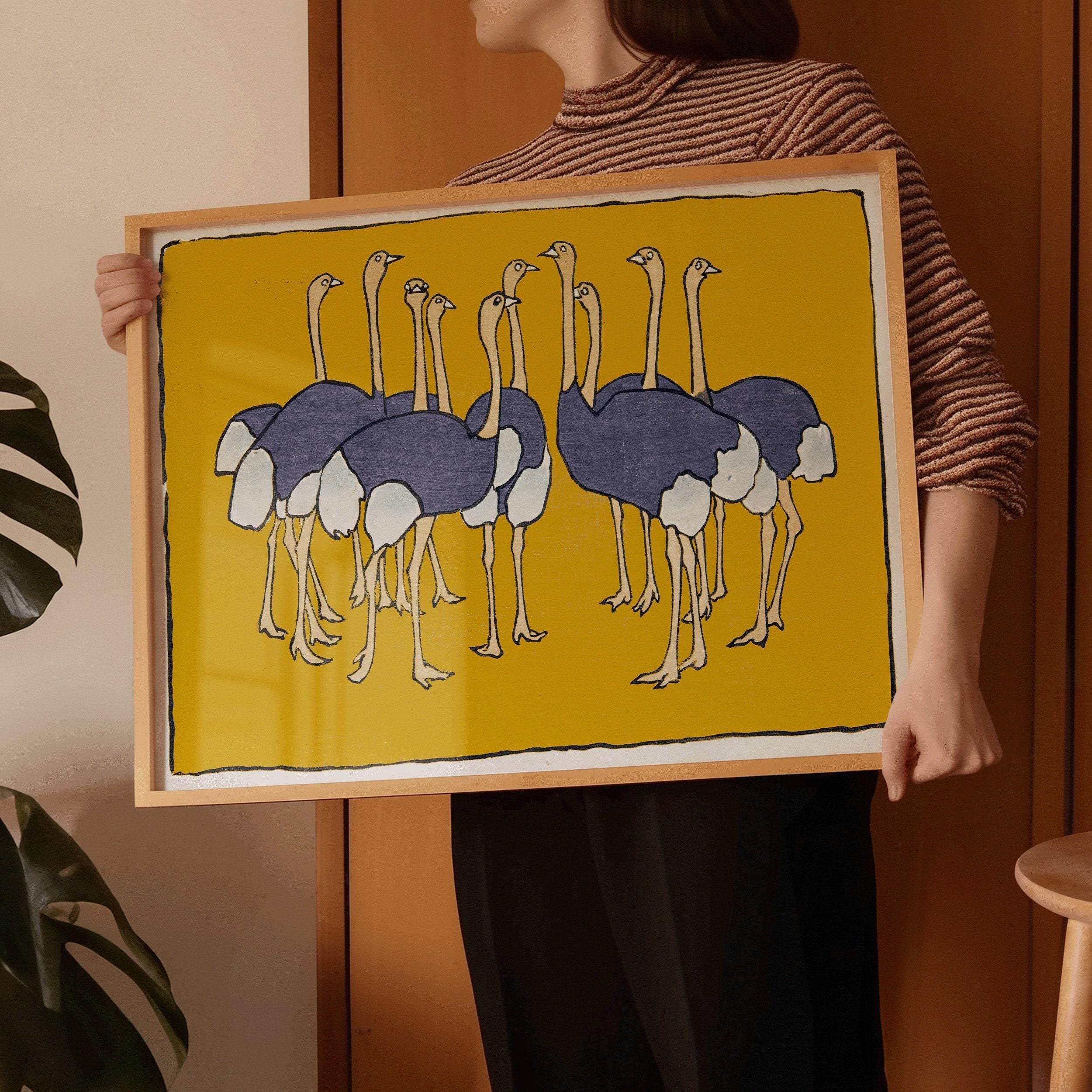Asai Ch≈´ - Ostriches | PRINT | From Mokugo zuansh≈´ Pl.21 (1908) Vintage Japanese Art in Yellow