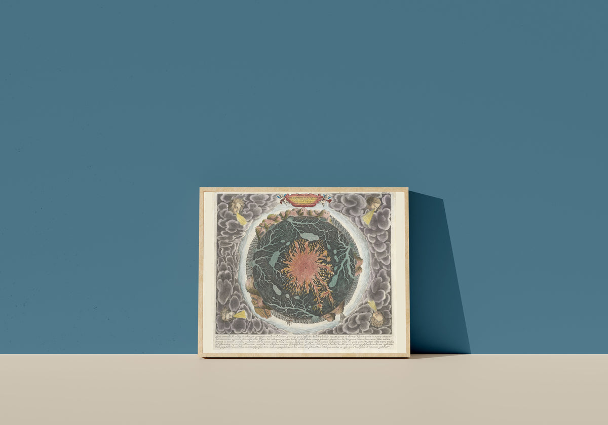 Framed art print of Systema Ideale quo exprimitur Aquarum per Canales Hydragogos… by Athanasius Kircher, in a light wood frame leaning on a blue wall