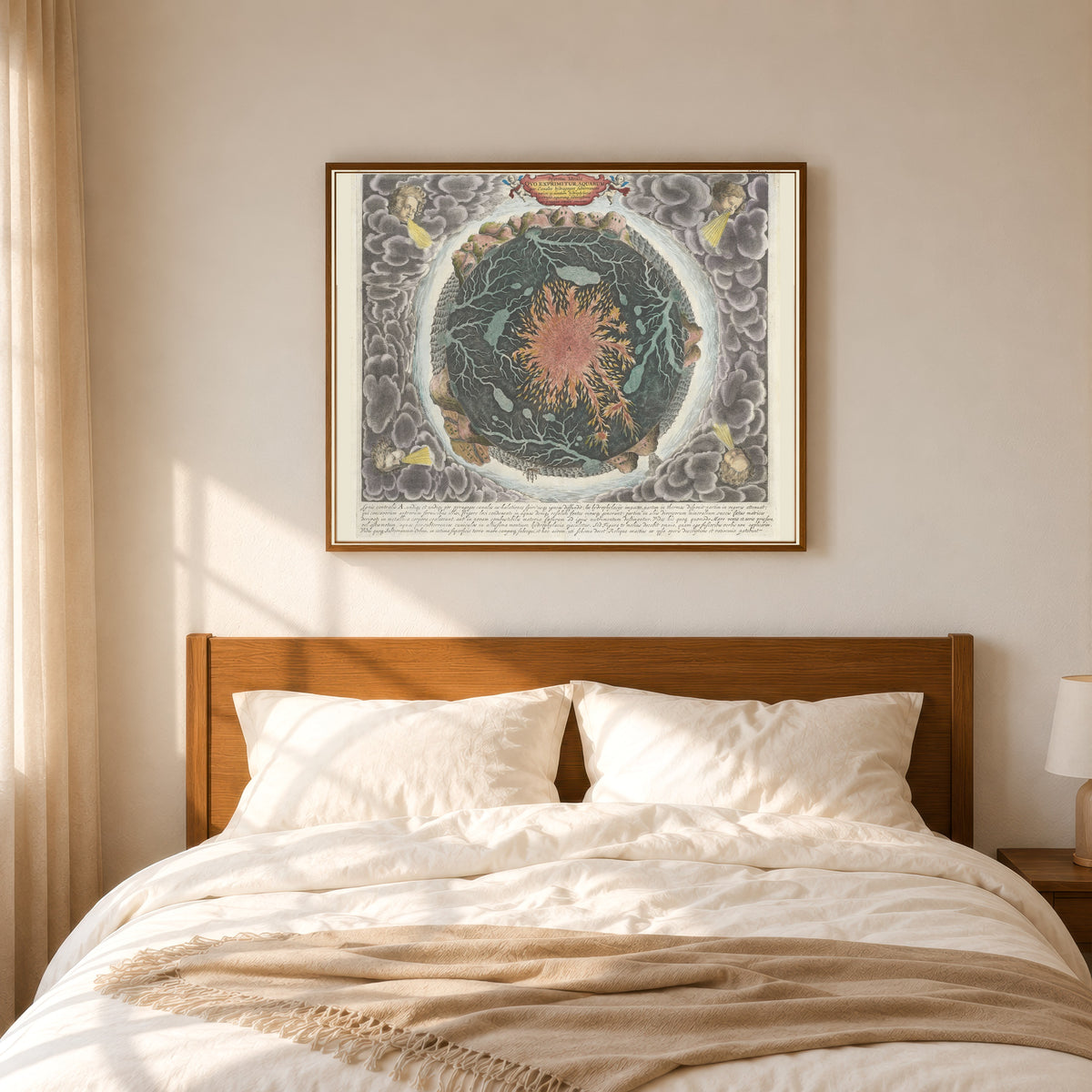 Framed art print of Systema Ideale quo exprimitur Aquarum per Canales Hydragogos… by Athanasius Kircher, in a slim wood frame above a bed in a sunlit bedroom