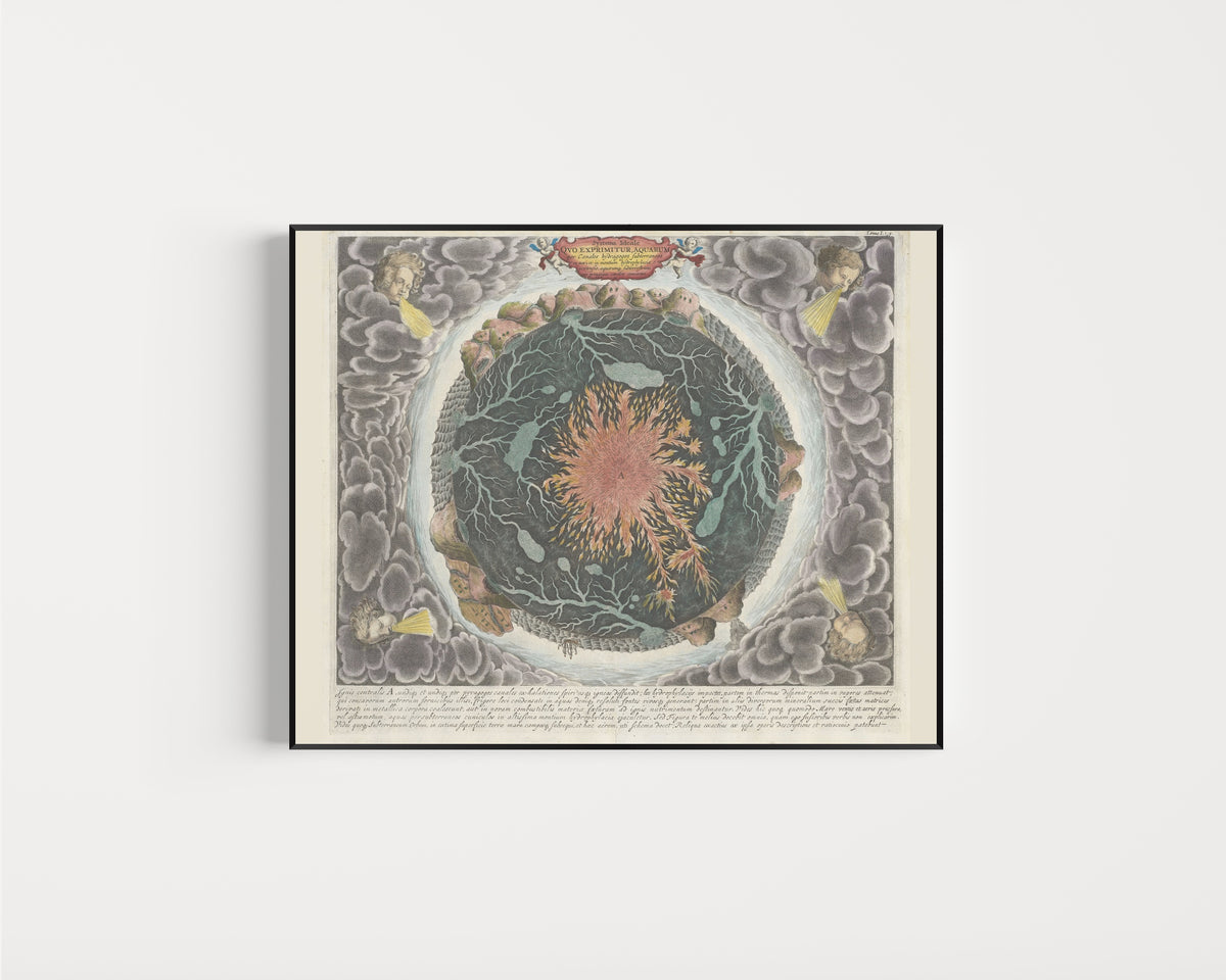 Framed art print of Systema Ideale quo exprimitur Aquarum per Canales Hydragogos Subterraneos by Athanasius Kircher, in a slim black frame on a plain white wall