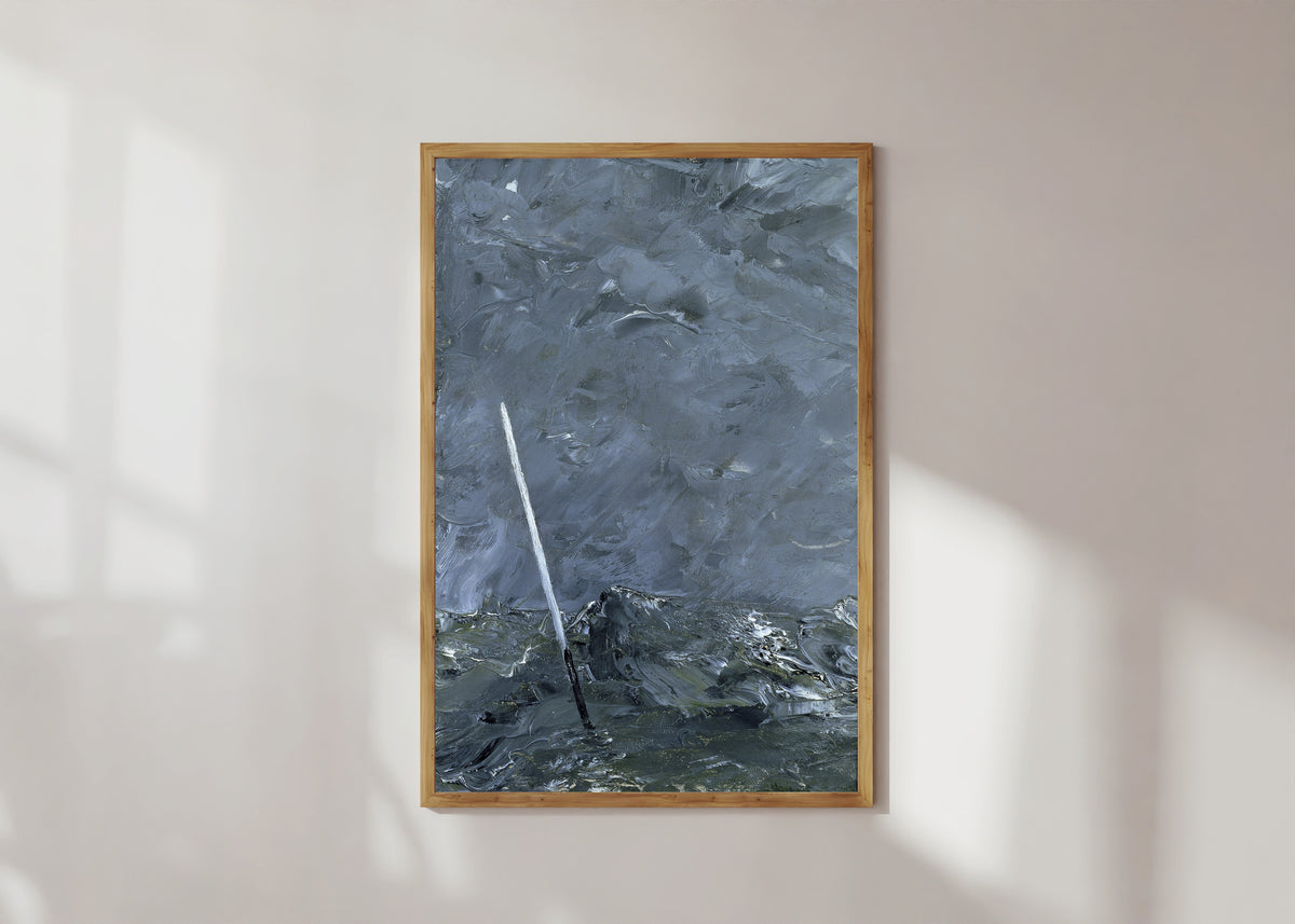 Framed art print of Stormy Sea, Buoy without Top Mark by August Strindberg, in a light wood frame on a sunlit white wall