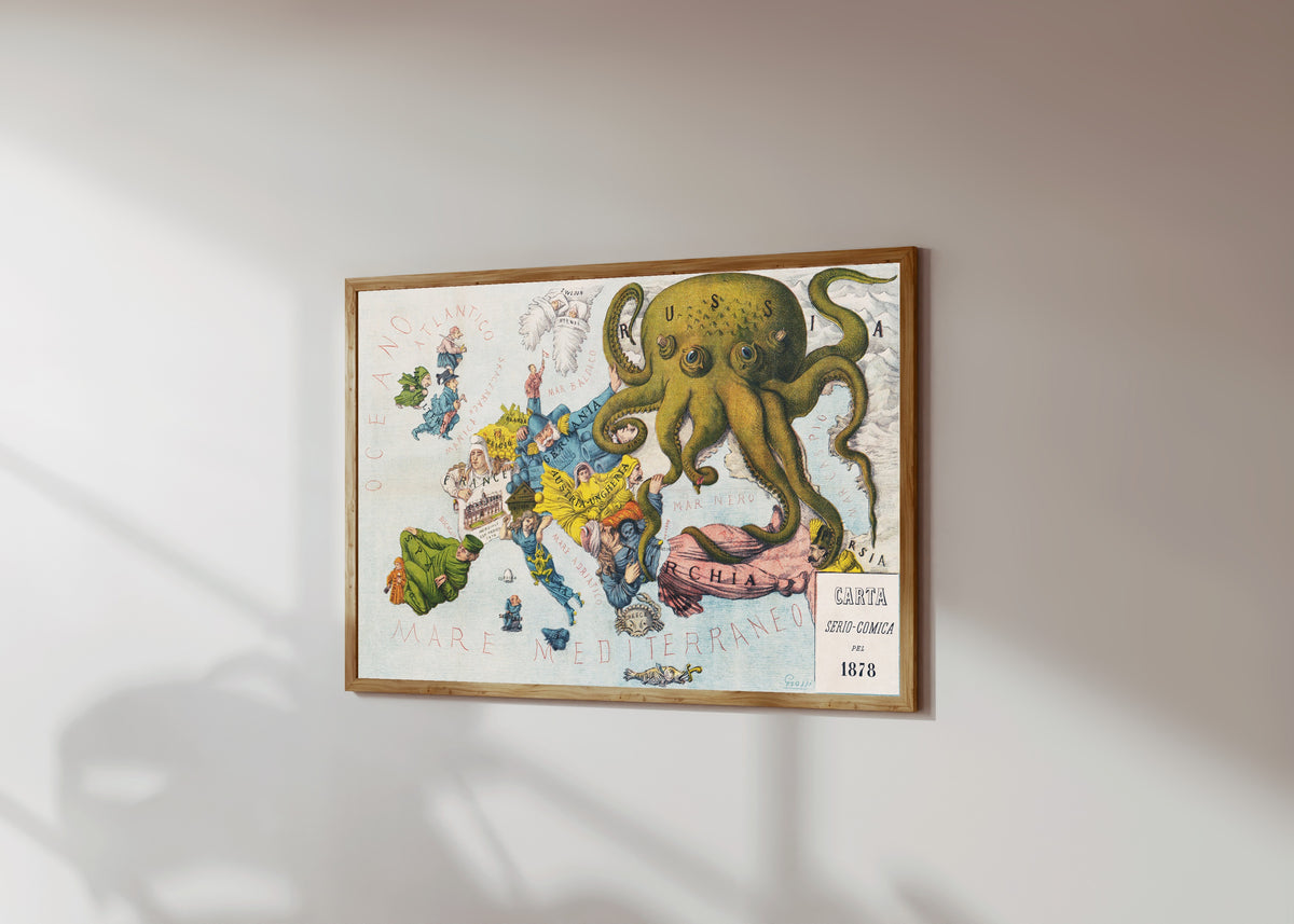 Framed art print of La Piovra Russa: Carta Serio-Comica 1878 by Augusto Grossi, in a light wood frame on a sunlit white wall, seen at a slight angle