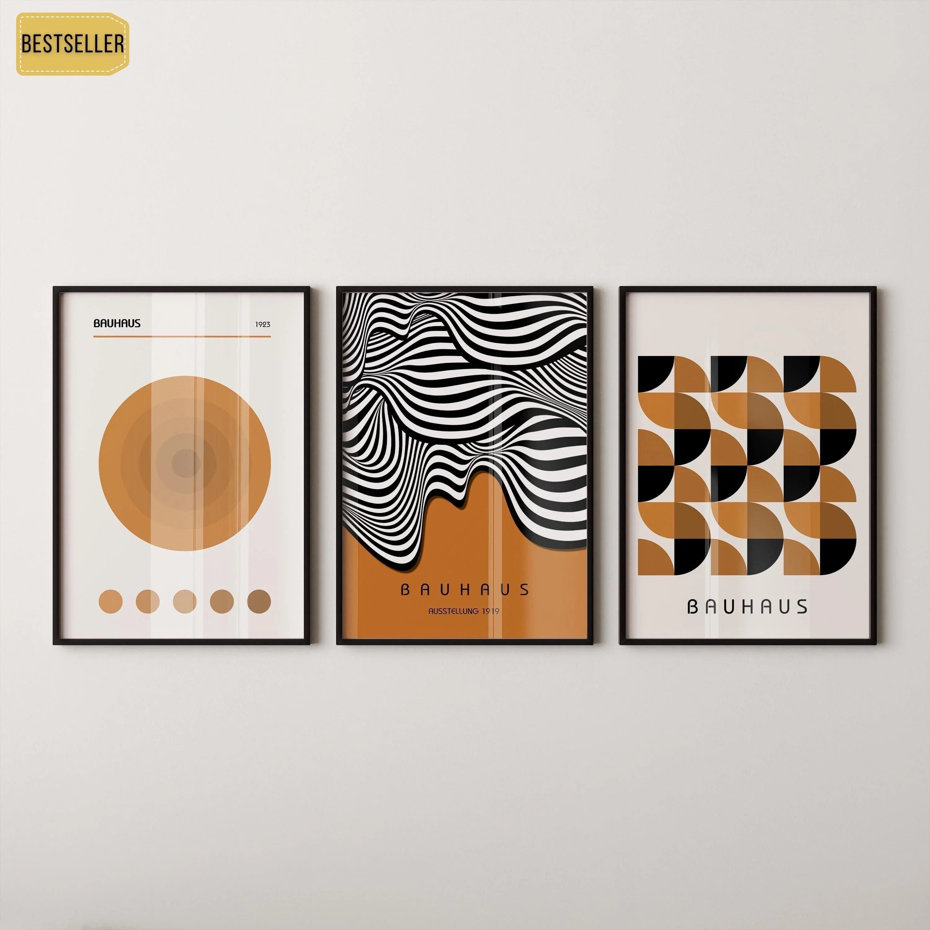 Bauhaus Art Prints: Mid - Century Modern Trio, Brown Geometric Posters - 9ArtPrints
