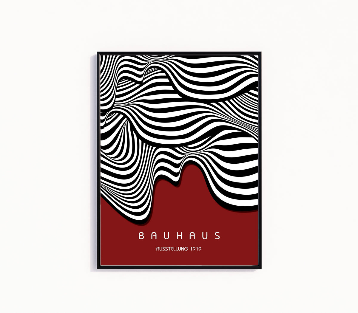 Framed art print of Ausstellung Waves by Bauhaus, in a slim black frame on a plain white wall