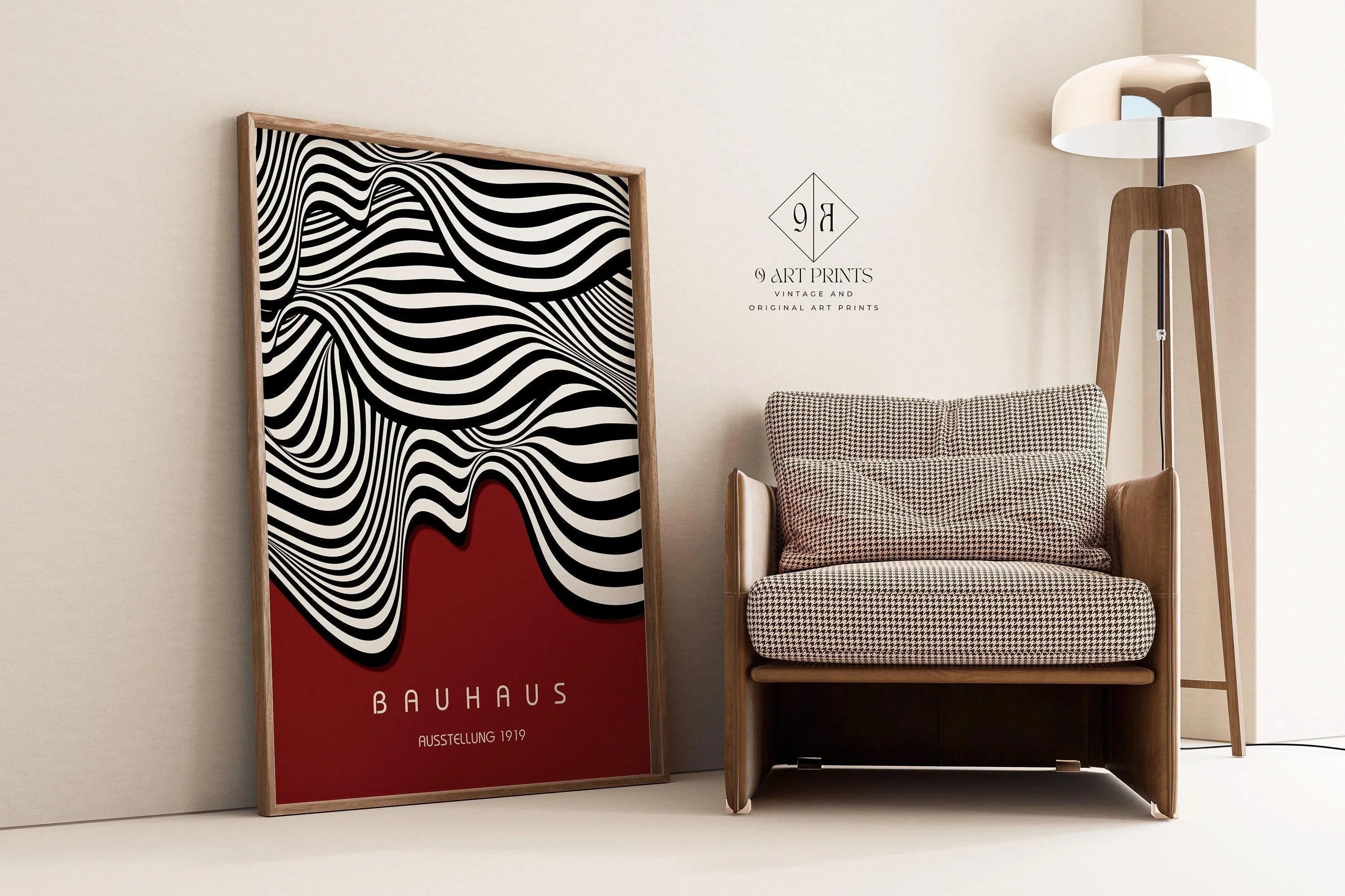 Bauhaus Ausstellung Dark Red (Waves) PRINT | Vintage Mid - century Modern Poster (Available handframed or unframed) - 9ArtPrints