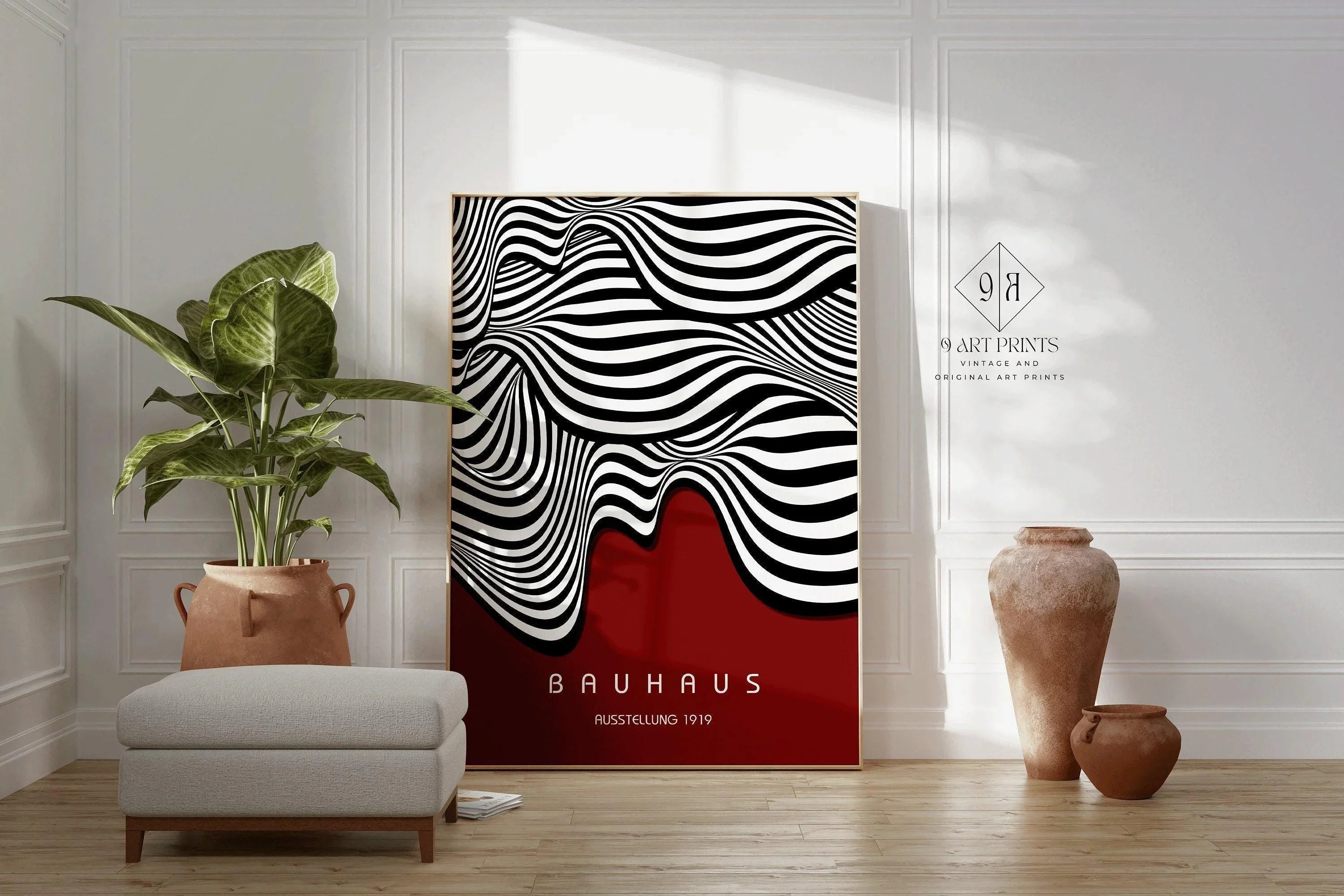 Bauhaus Ausstellung Dark Red (Waves) PRINT | Vintage Mid - century Modern Poster (Available handframed or unframed) - 9ArtPrints