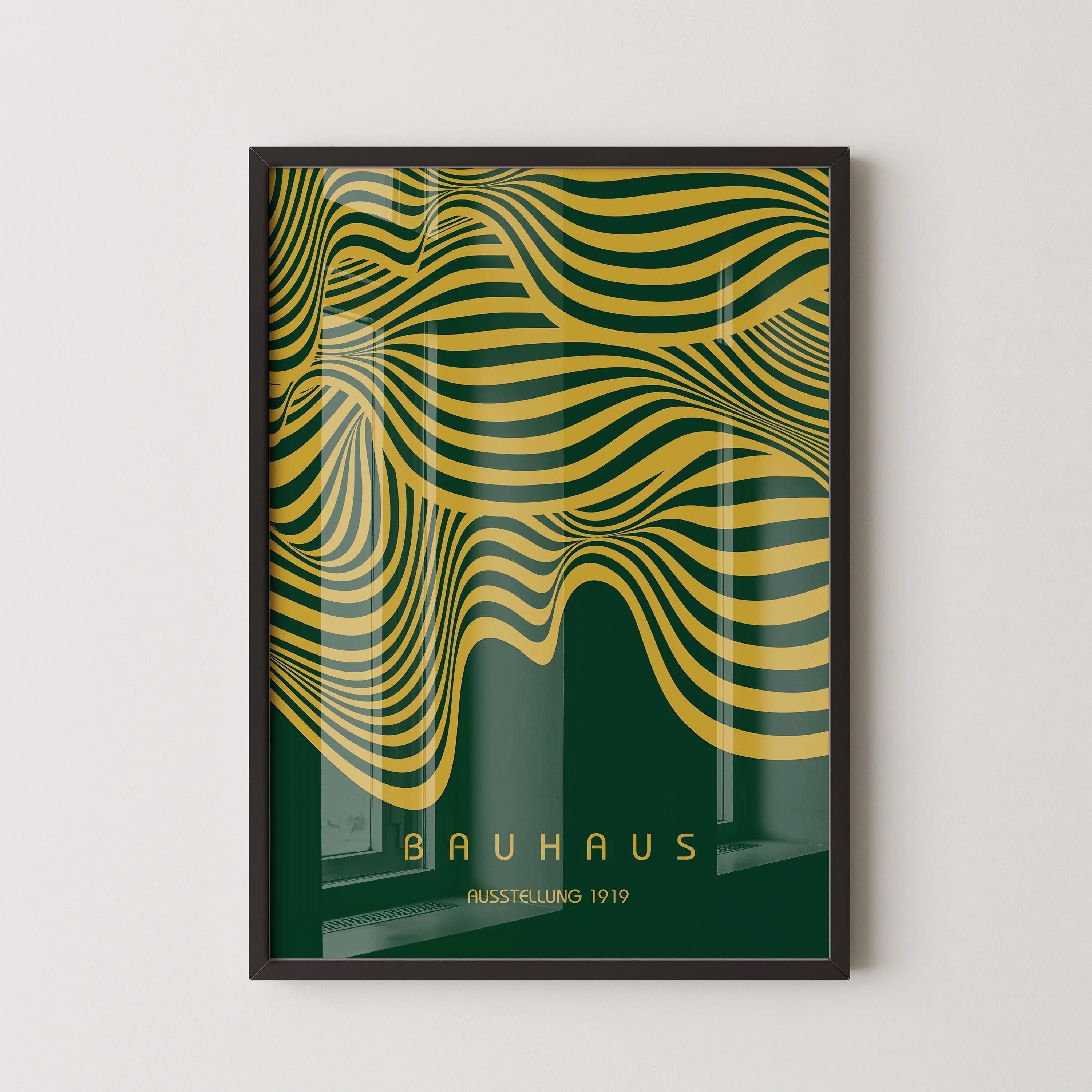 Bauhaus Ausstellung Forest Green and Gold (Waves) PRINT | Vintage Mid - century Modern Poster