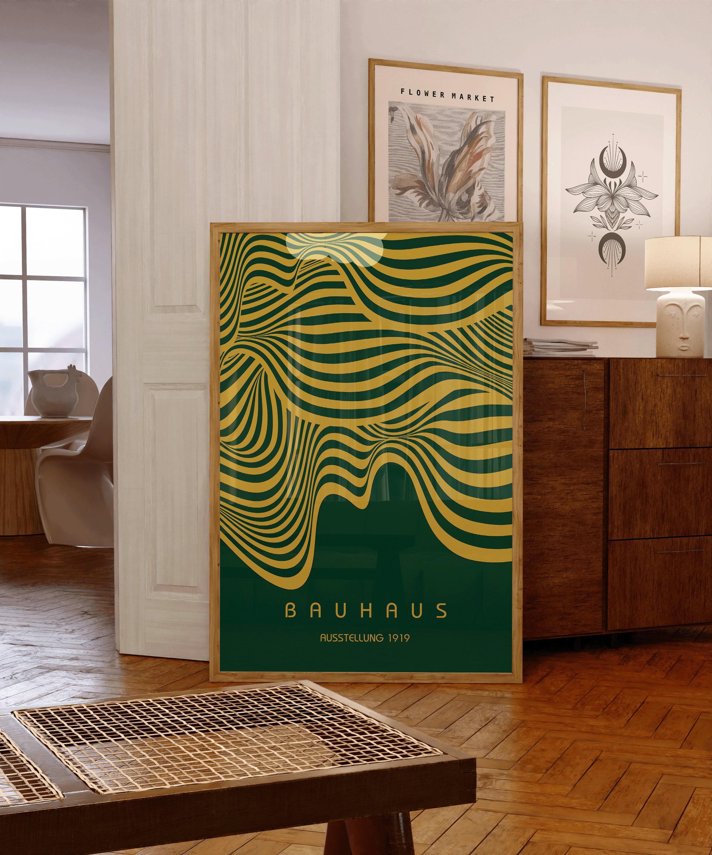 Bauhaus Ausstellung Forest Green and Gold (Waves) PRINT | Vintage Mid - century Modern Poster