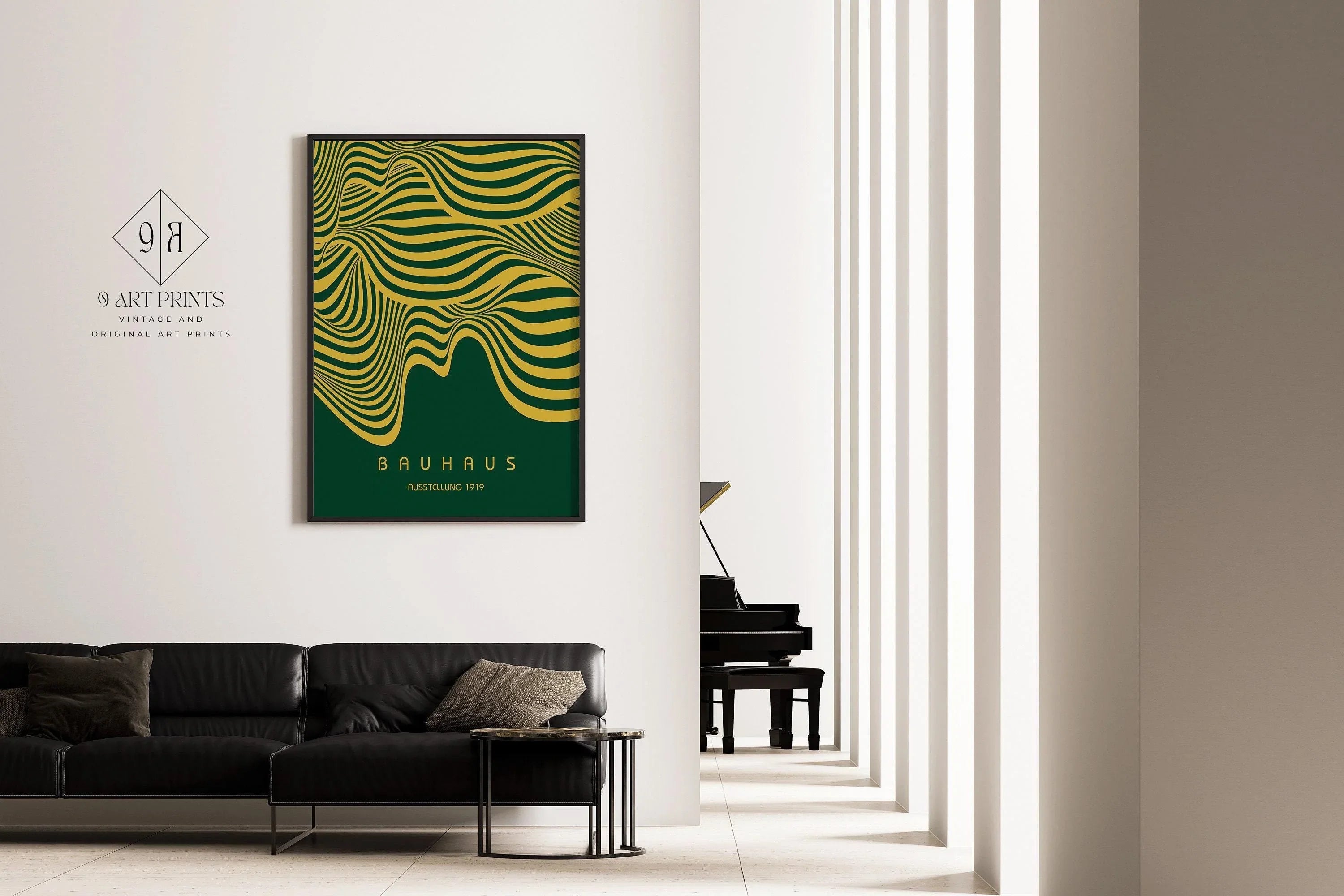 Bauhaus Ausstellung Forest Green and Gold (Waves) PRINT | Vintage Mid - century Modern Poster (Available handframed) - 9ArtPrints