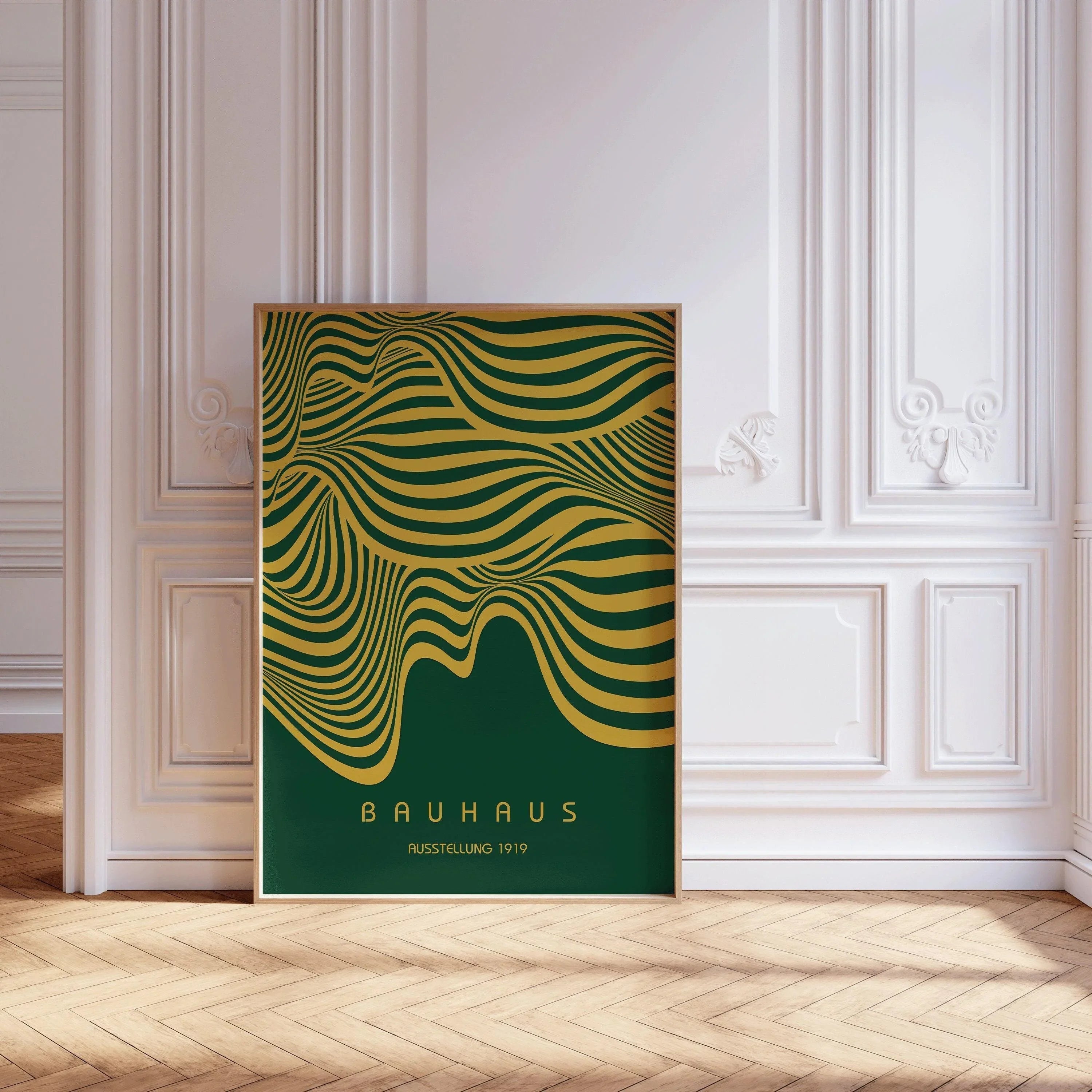 Bauhaus Ausstellung Forest Green and Gold (Waves) PRINT | Vintage Mid - century Modern Poster (Available handframed) - 9ArtPrints
